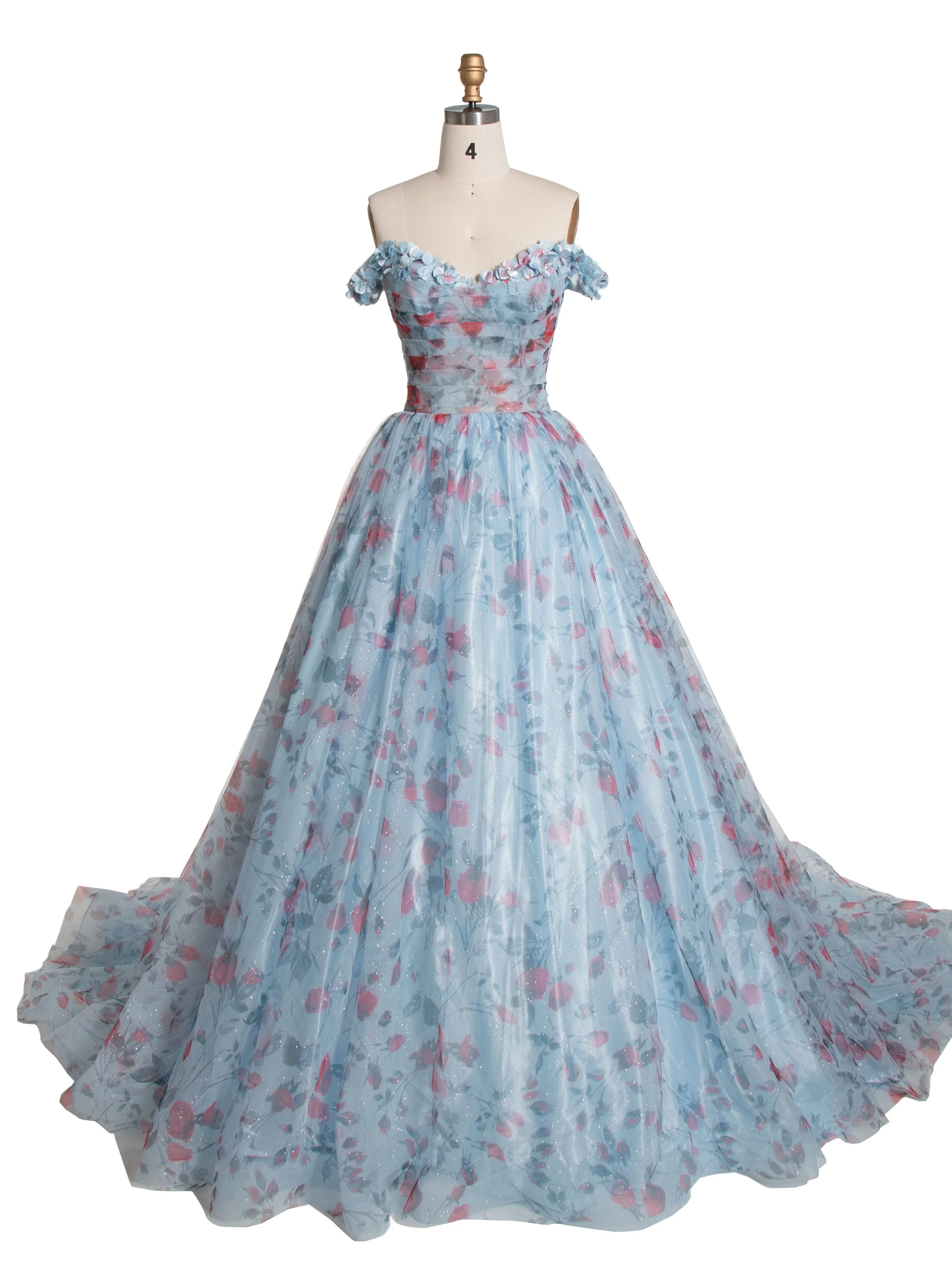 Elegant Off Shoulder Floral Printed Sweep Train Prom Dress YE3023