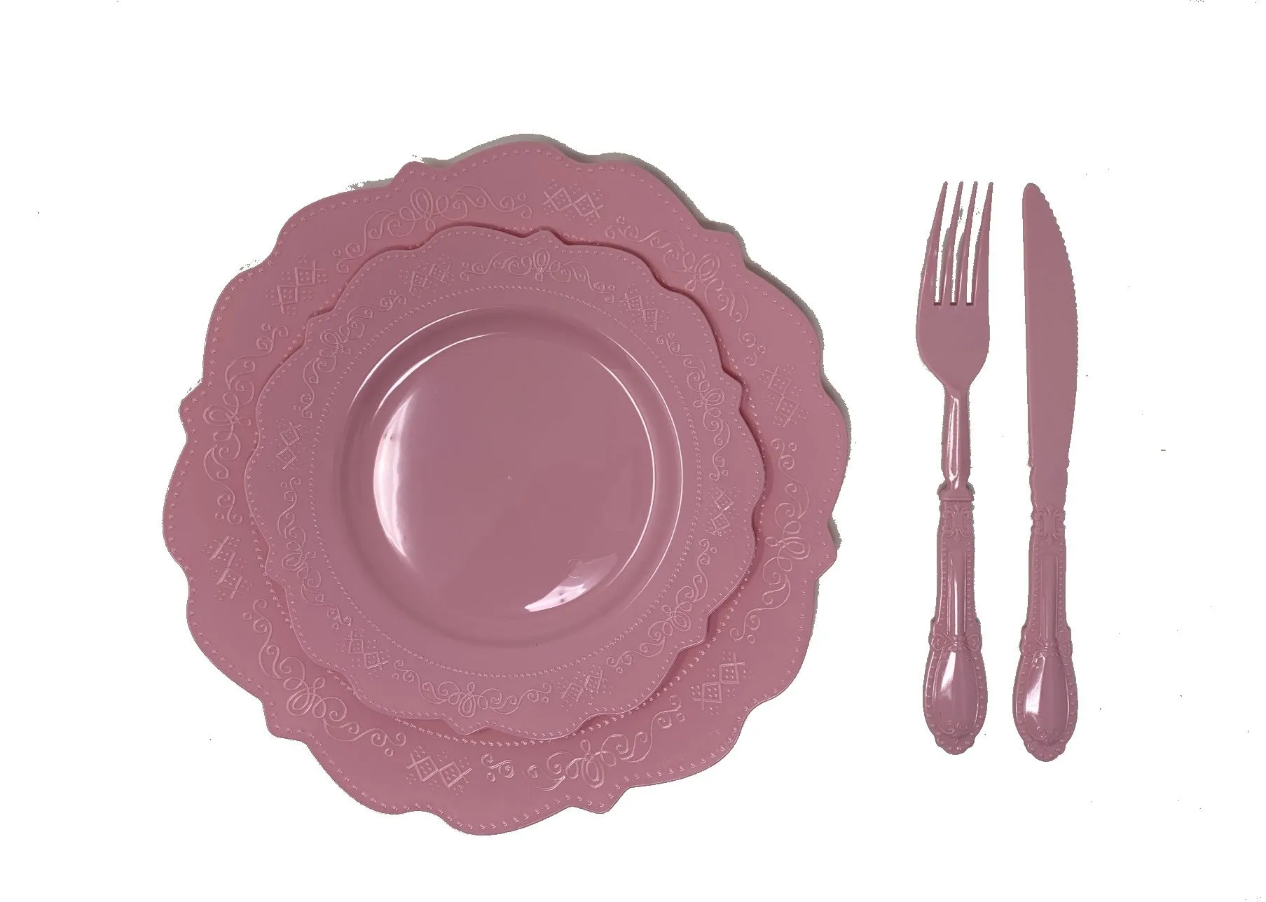 Elegant Pink Tableware Bundle, Dinner Plates, Dessert Plates, Cutlery, Disposable Partyware for 20 guests, 88 total pieces