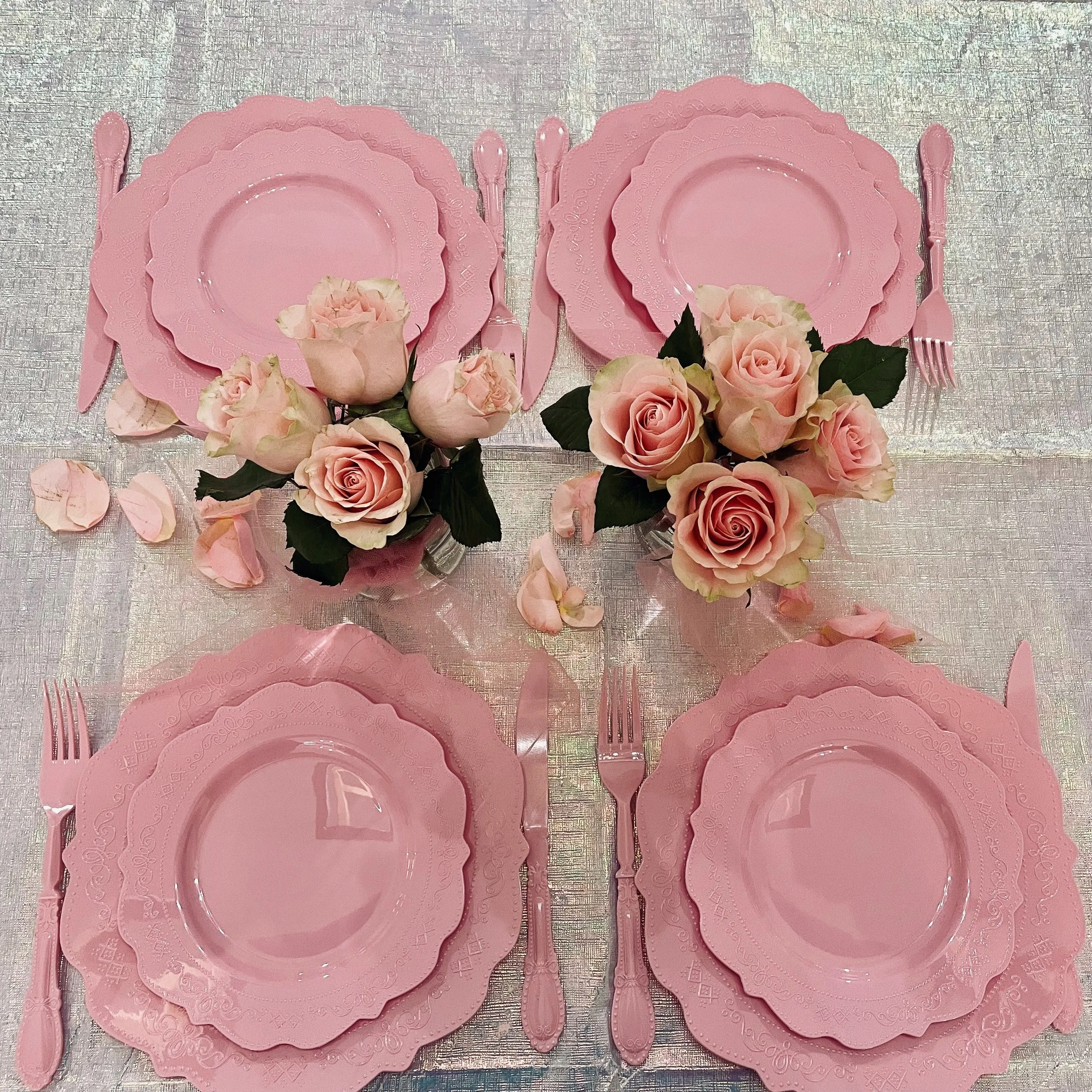 Elegant Pink Tableware Bundle, Dinner Plates, Dessert Plates, Cutlery, Disposable Partyware for 20 guests, 88 total pieces