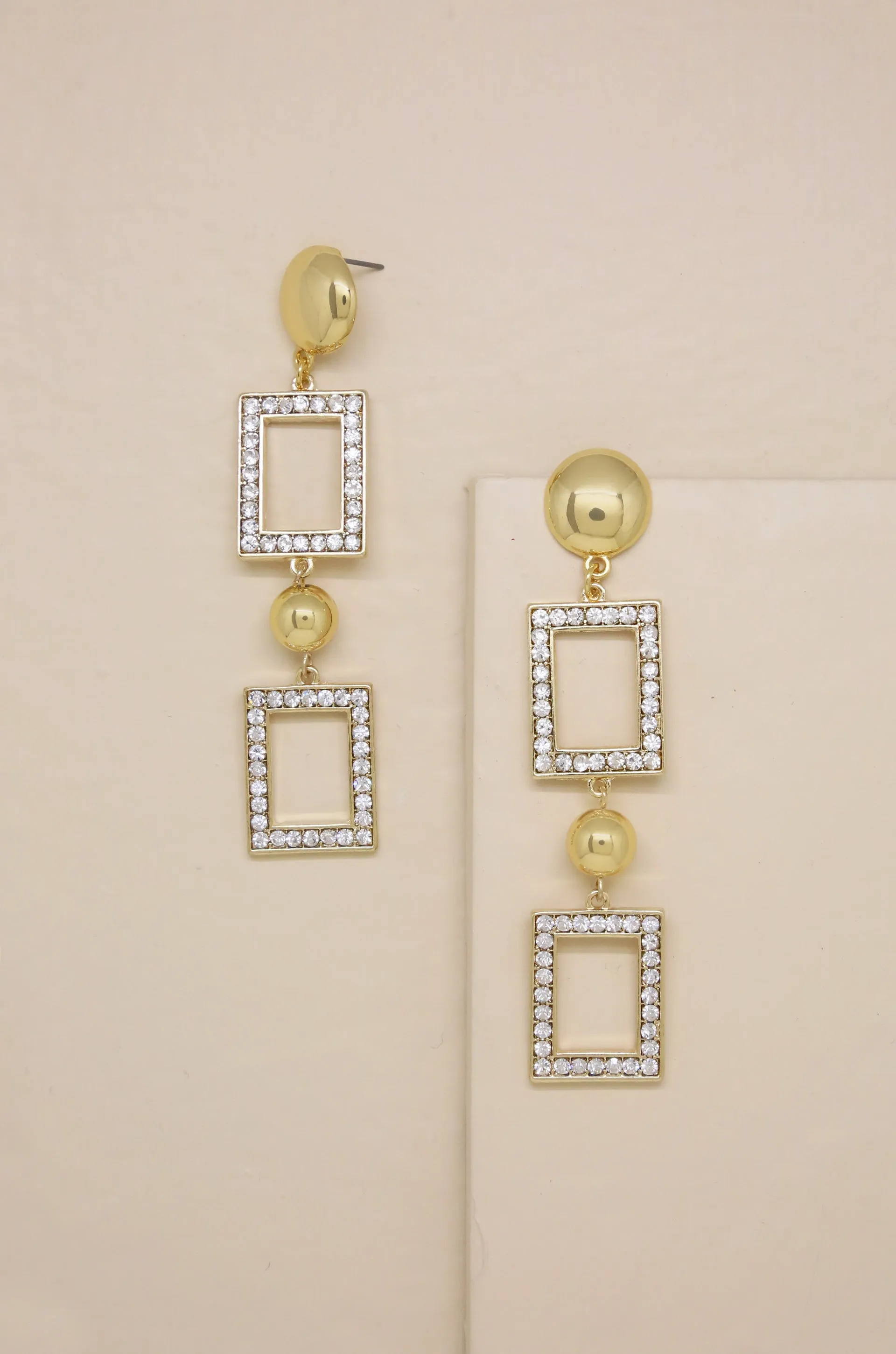 Elegant Rectangle Drop 18k Gold Plated & Crystal Earrings