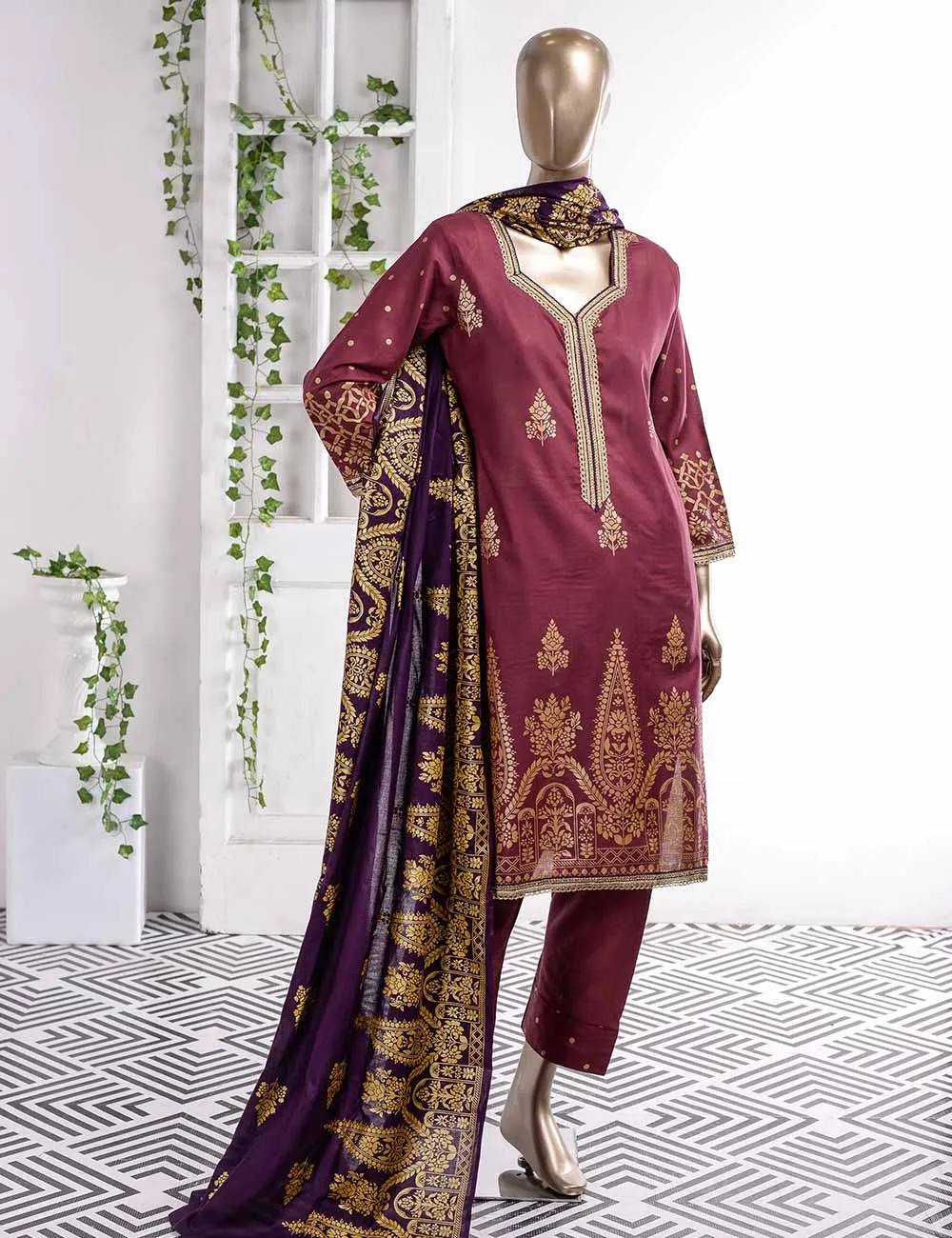 FM-3A - Prairie | 3 Pc Unstitched Gold Printed Lawn Dress