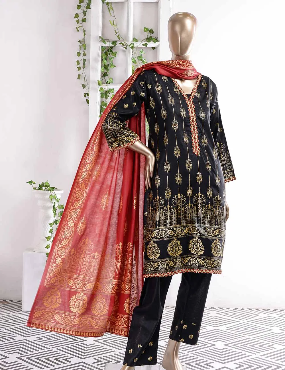 FM-4C - Midnight Shades | 3 Pc Unstitched Gold Printed Lawn Dress