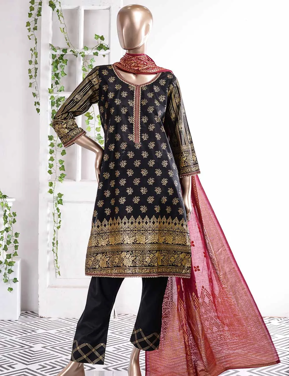 FM-5C - Golden Era | 3 Pc Unstitched Gold Printed Lawn Dress