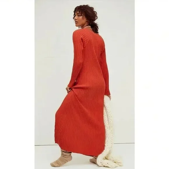 Free People Beach Walk About Stretch Maxi Dress Casual Ribbed Rust Size S NEW