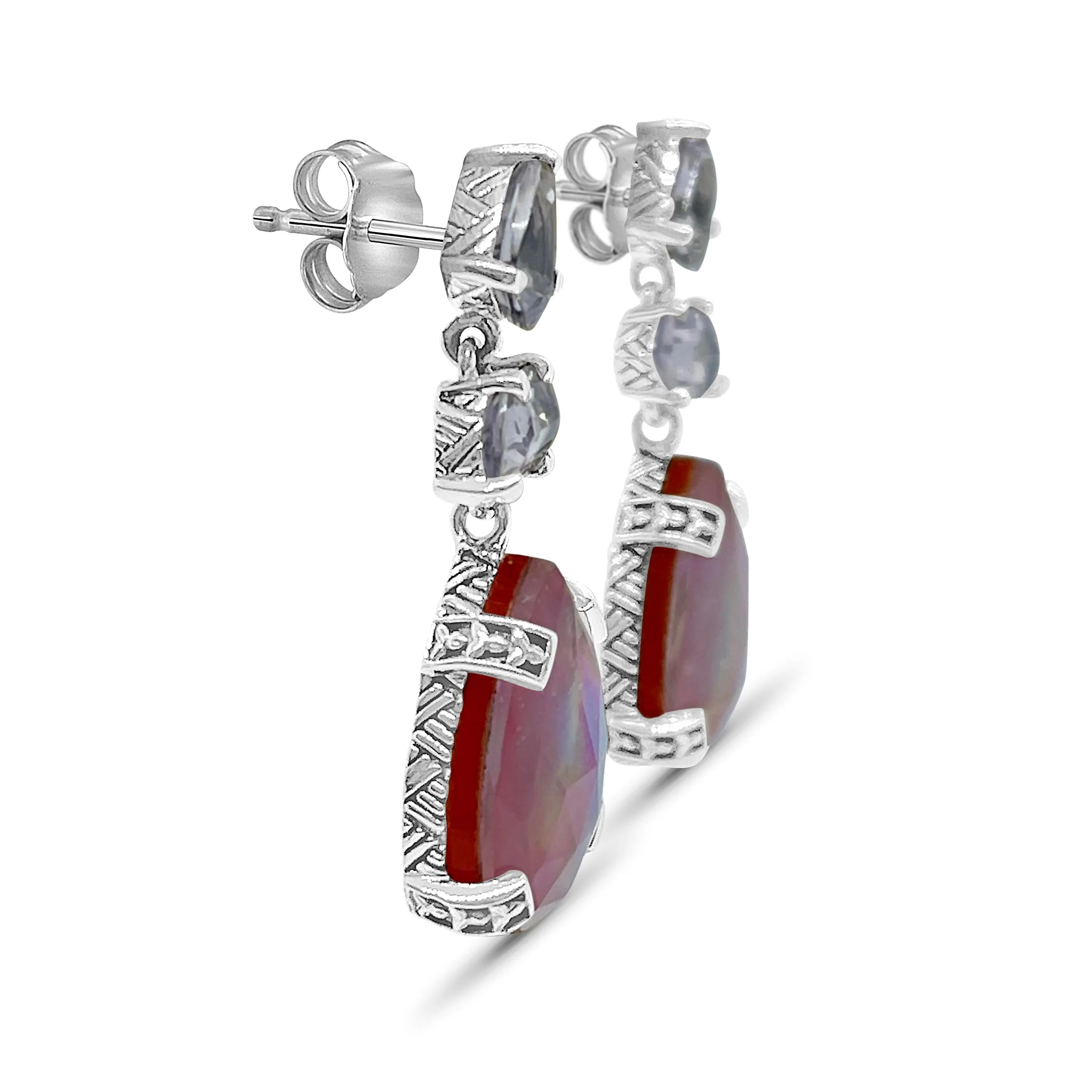 Galactical Lavender Moon and Natural Quartz Mother of Pearl and Red Agate Earrings in Sterling Silver