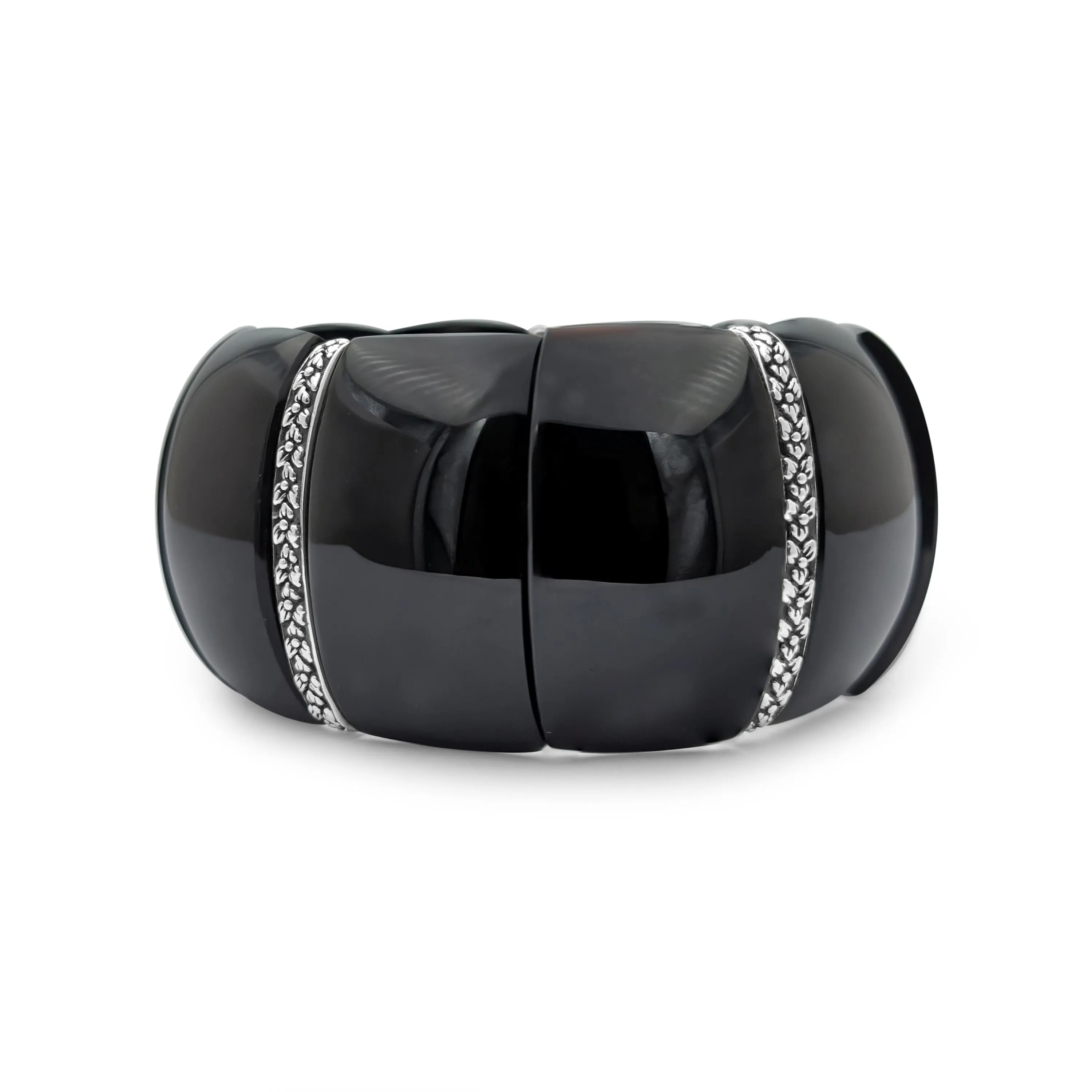 Garden of Stephen Black Onyx Slip-On Bracelet with Flower Engraved Sterling Silver Spacers