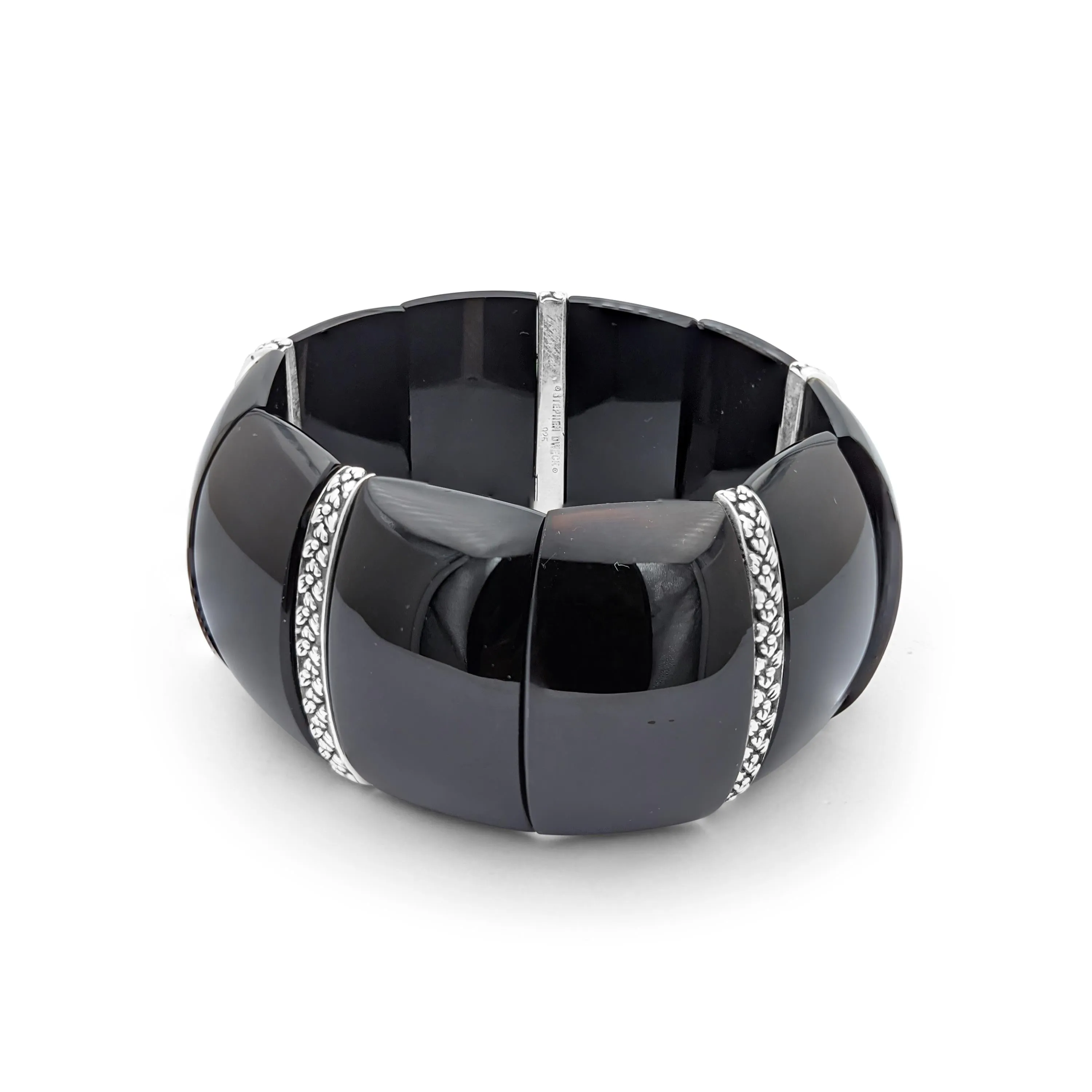 Garden of Stephen Black Onyx Slip-On Bracelet with Flower Engraved Sterling Silver Spacers