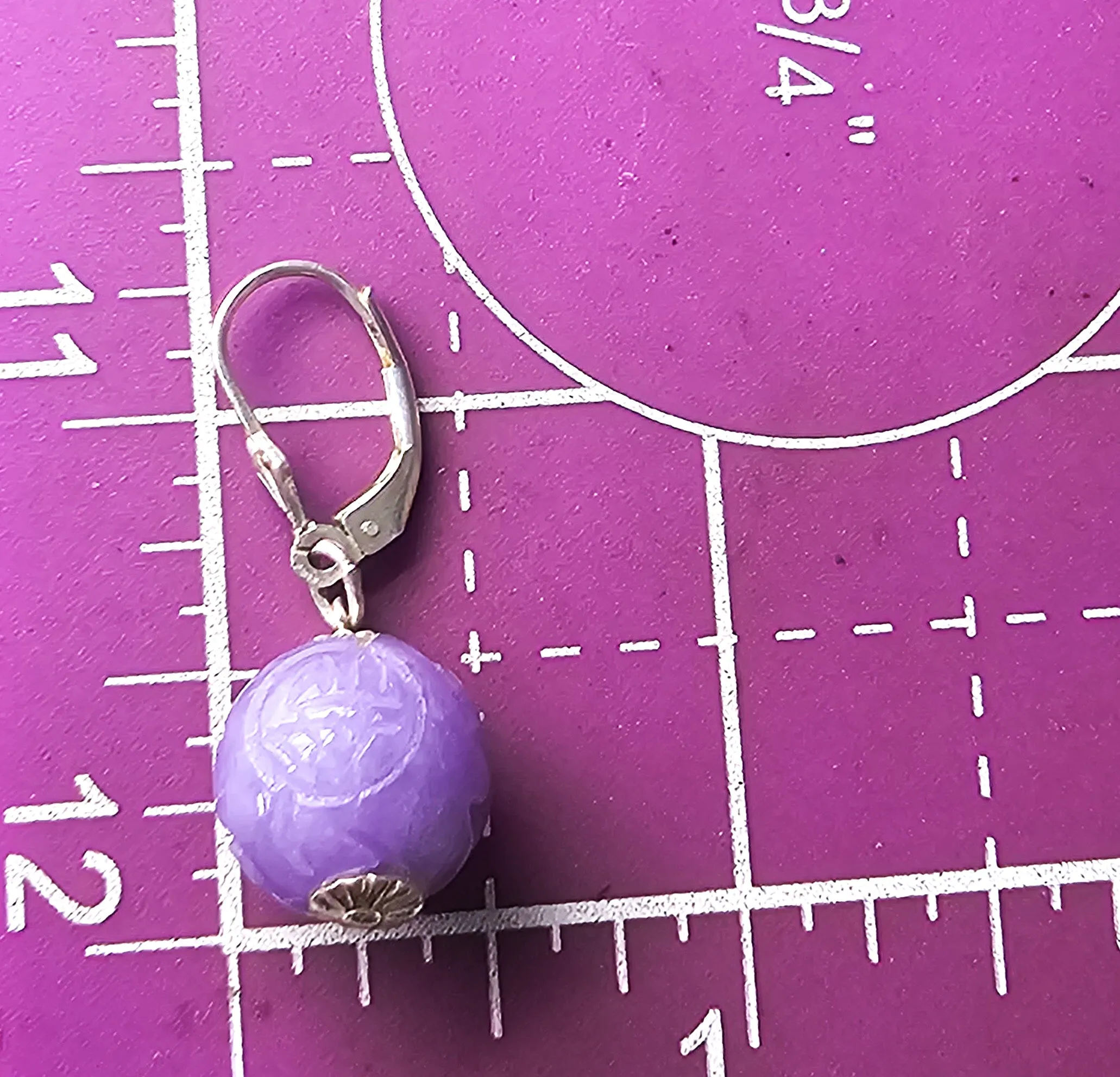 GSJ Purple Jadeite carved orb bead sterling silver drop lever back earrings