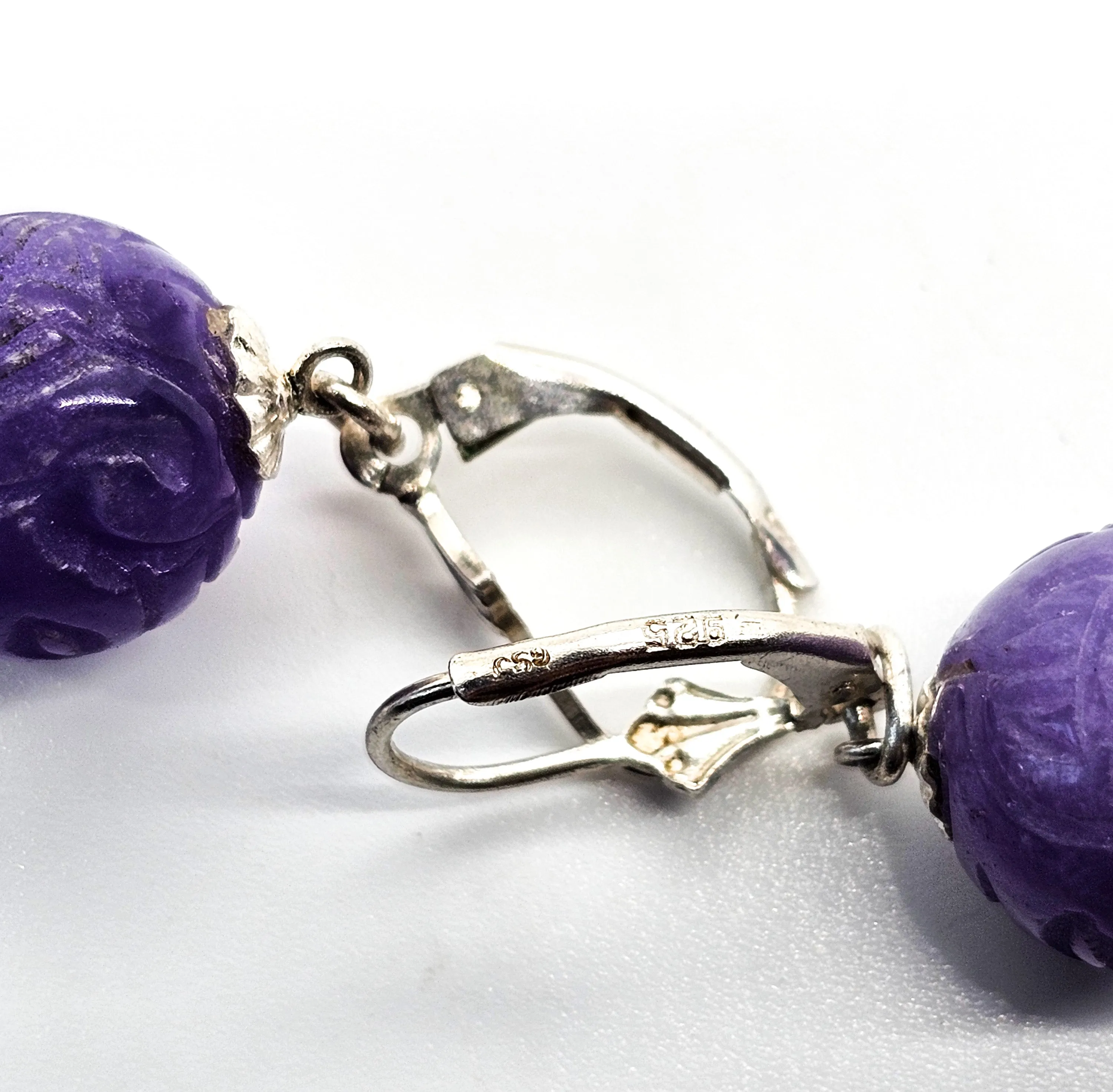 GSJ Purple Jadeite carved orb bead sterling silver drop lever back earrings