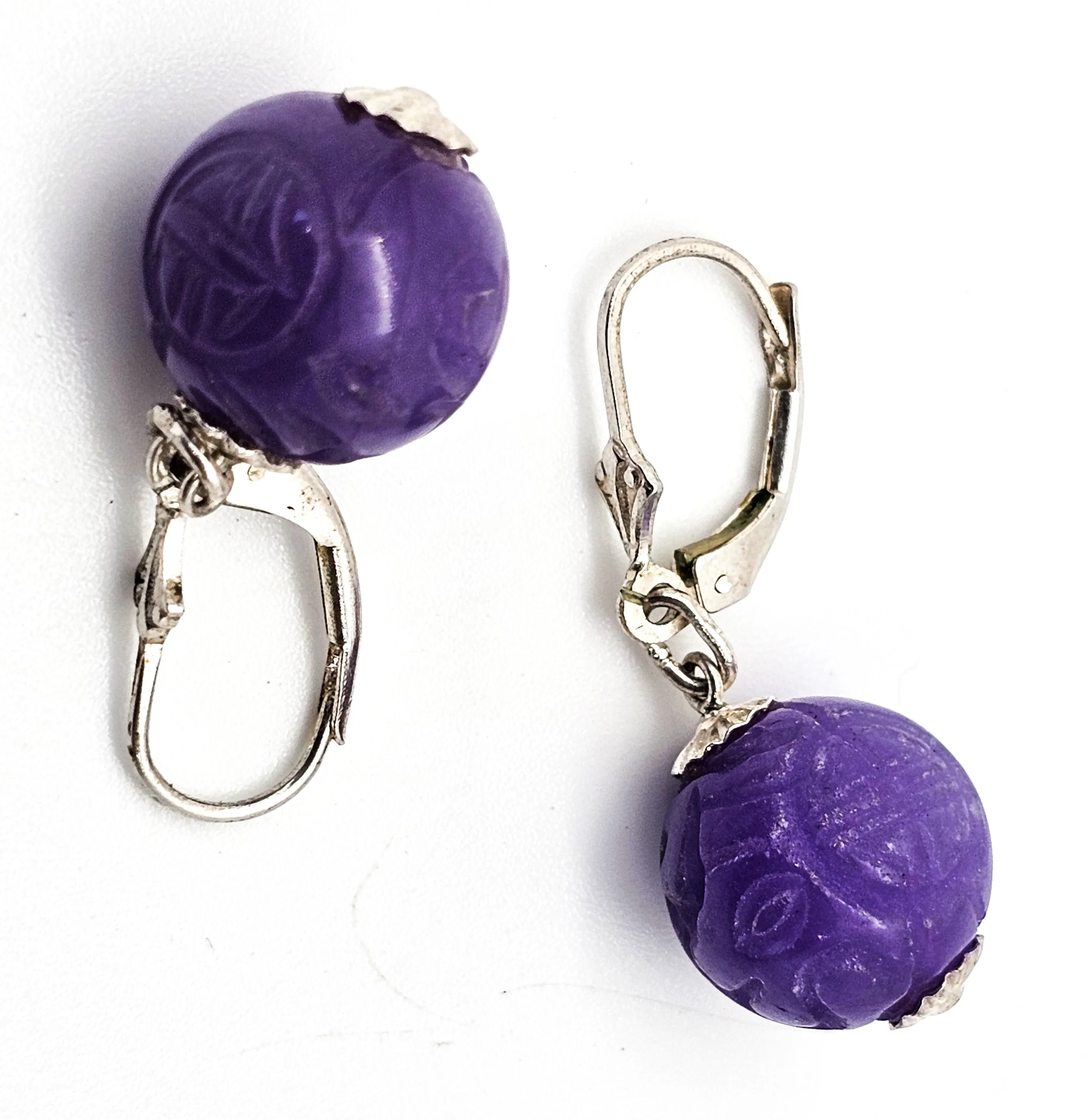 GSJ Purple Jadeite carved orb bead sterling silver drop lever back earrings