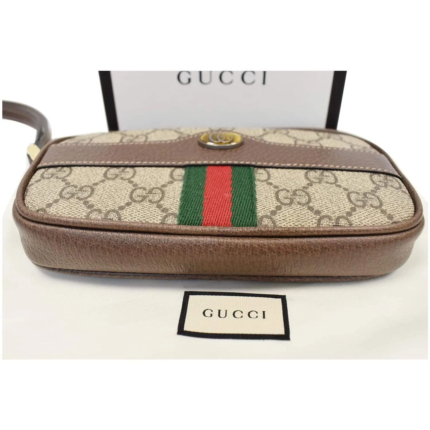GUCCI Ophidia GG Supreme Monogram Phone Case Wristlet Brown 517366