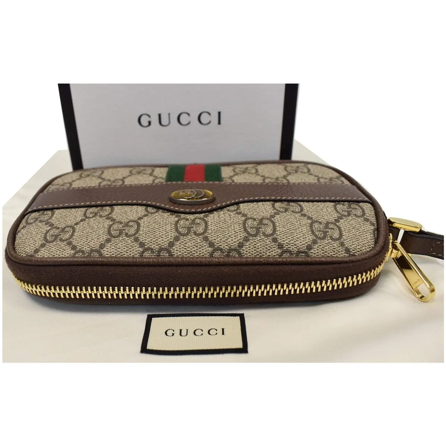 GUCCI Ophidia GG Supreme Monogram Phone Case Wristlet Brown 517366