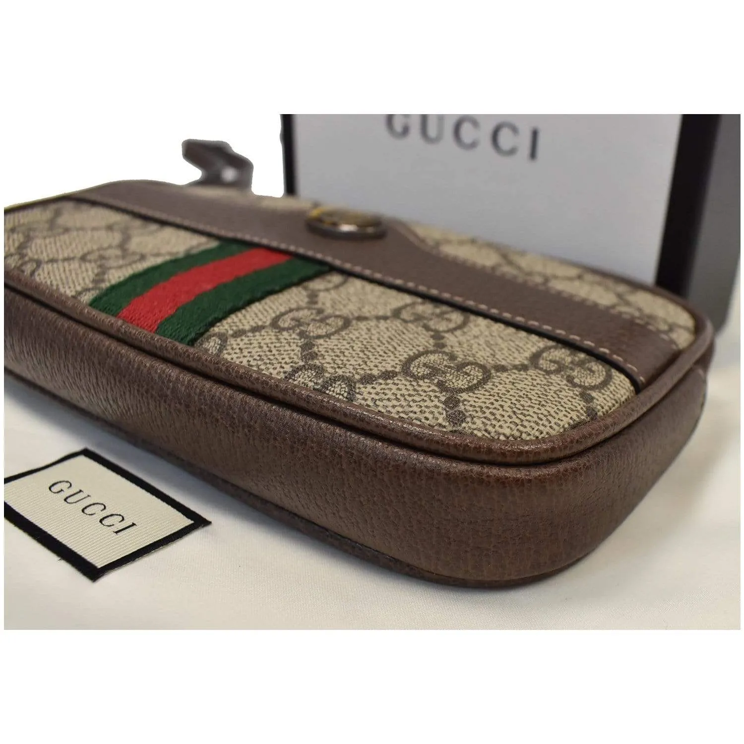 GUCCI Ophidia GG Supreme Monogram Phone Case Wristlet Brown 517366