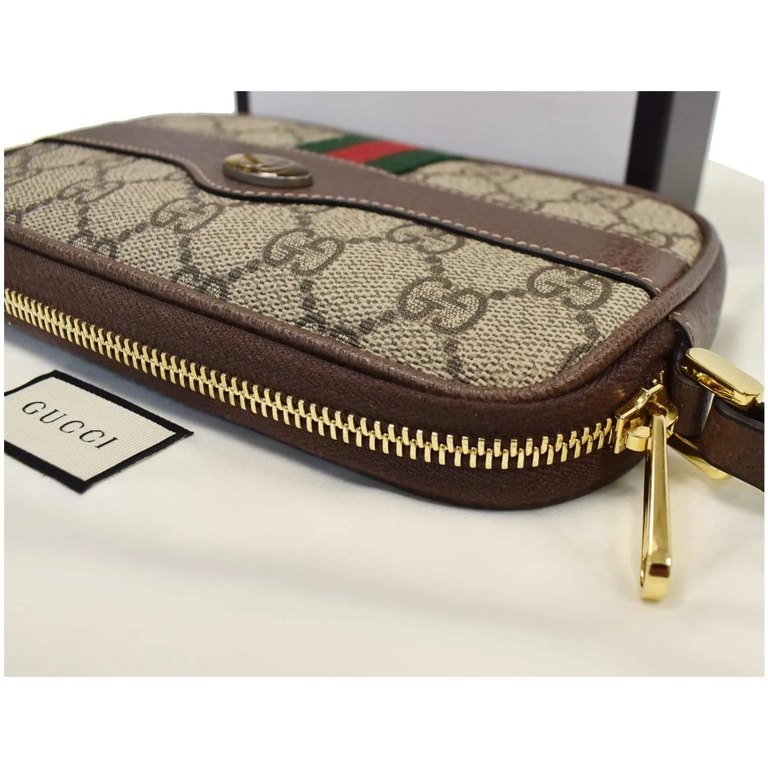 GUCCI Ophidia GG Supreme Monogram Phone Case Wristlet Brown 517366