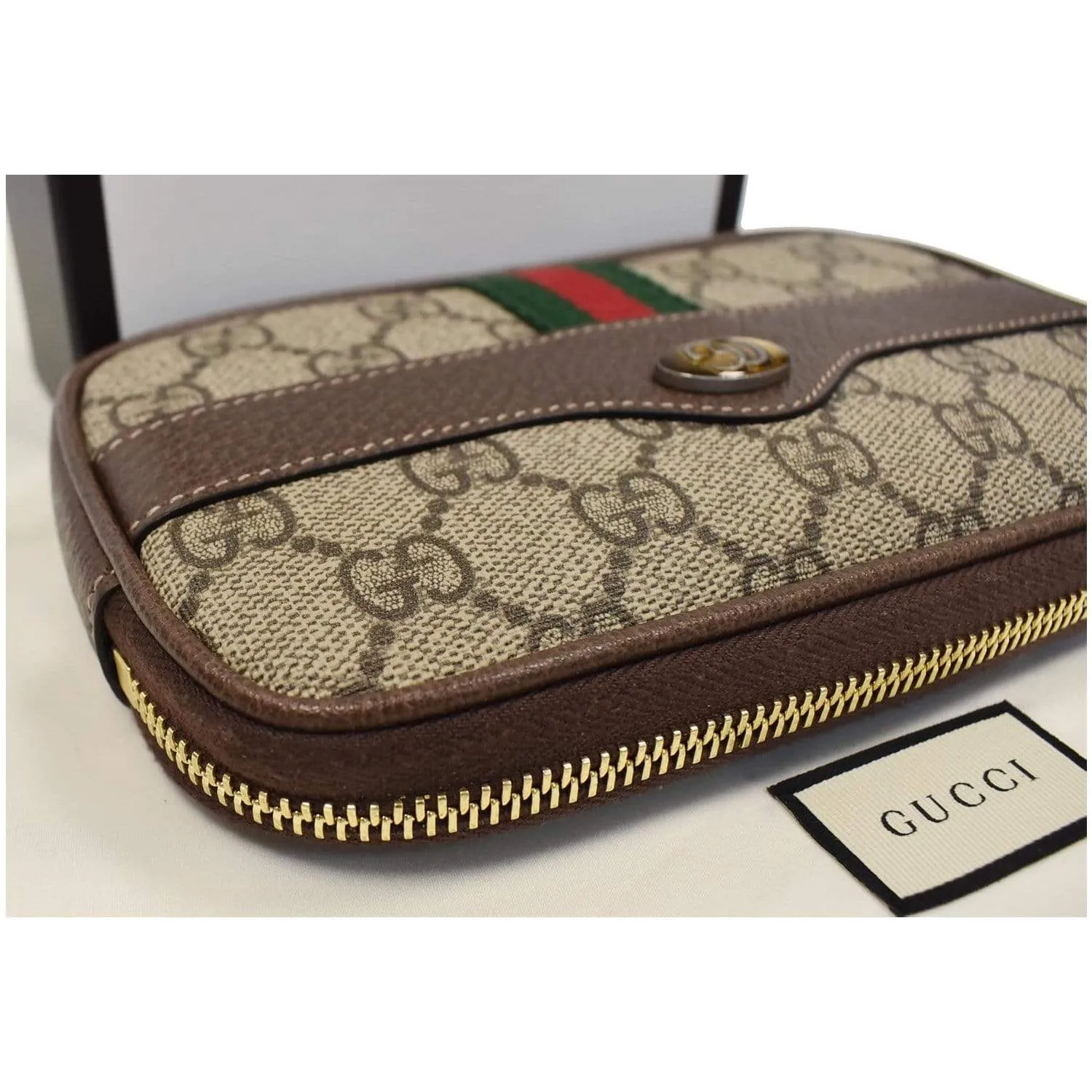 GUCCI Ophidia GG Supreme Monogram Phone Case Wristlet Brown 517366