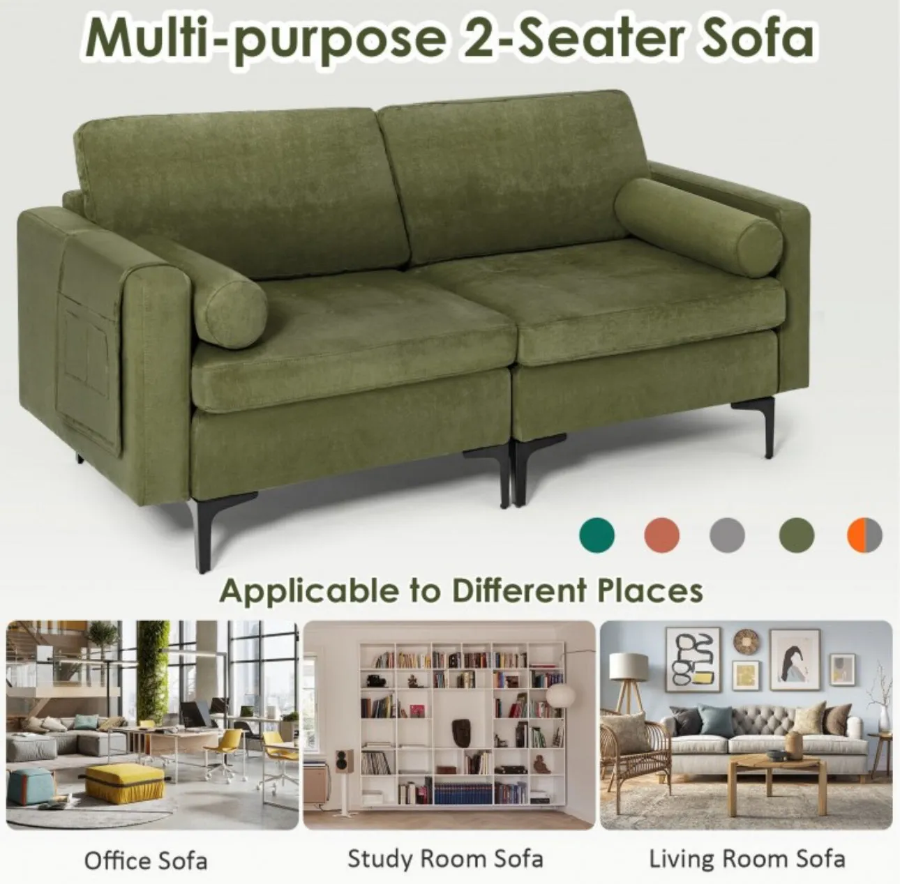 Heavy Duty Very Comfortable 2 Seater Modern Love-seat Sofa Couch With 2 Bolsters, Side Storage Pocket | Holds 1320lbs | Thick Cushions
