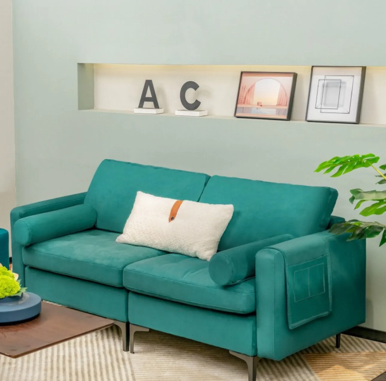 Heavy Duty Very Comfortable 2 Seater Modern Love-seat Sofa Couch With 2 Bolsters, Side Storage Pocket | Holds 1320lbs | Thick Cushions