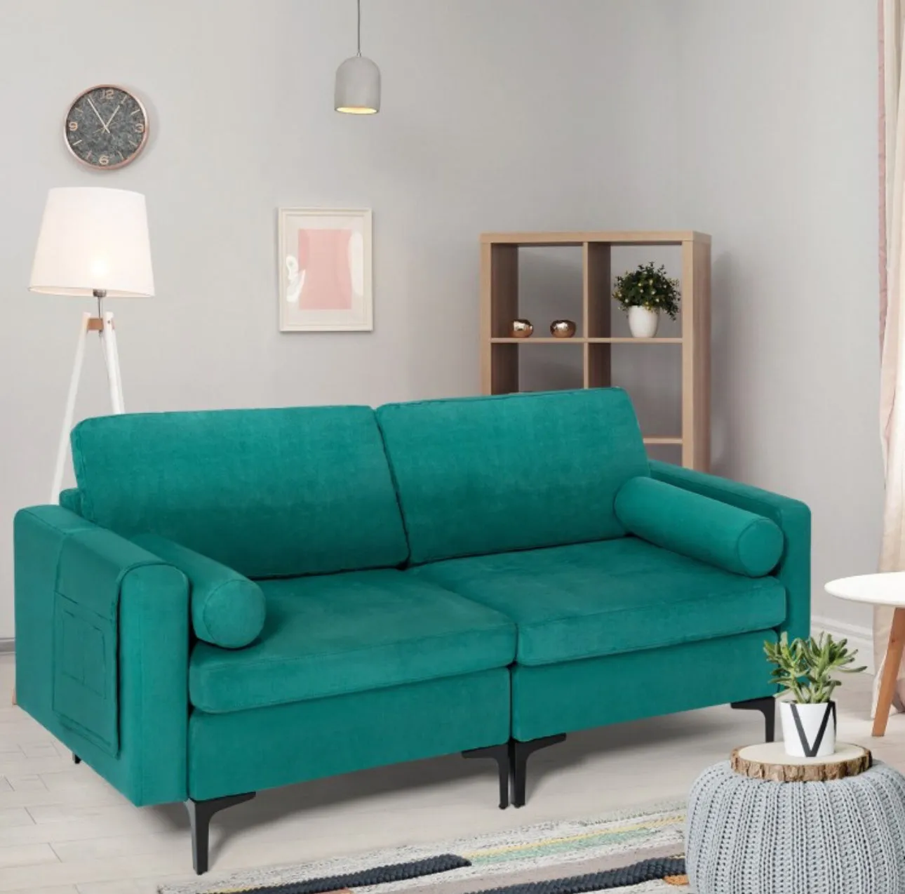 Heavy Duty Very Comfortable 2 Seater Modern Love-seat Sofa Couch With 2 Bolsters, Side Storage Pocket | Holds 1320lbs | Thick Cushions