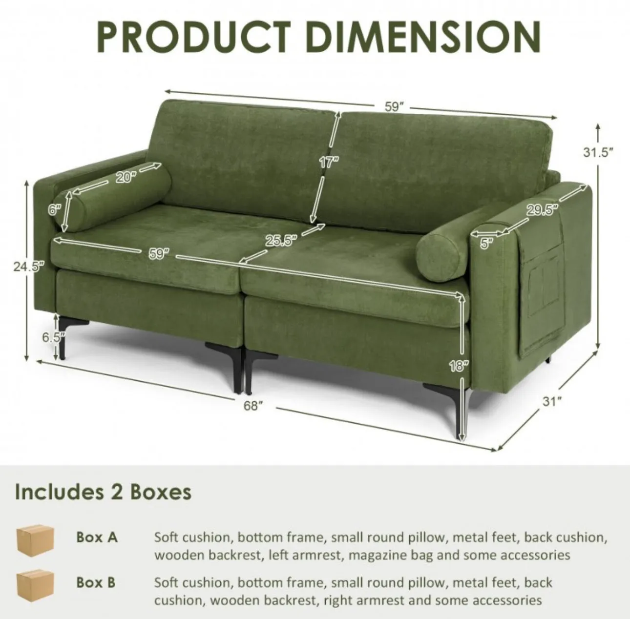 Heavy Duty Very Comfortable 2 Seater Modern Love-seat Sofa Couch With 2 Bolsters, Side Storage Pocket | Holds 1320lbs | Thick Cushions