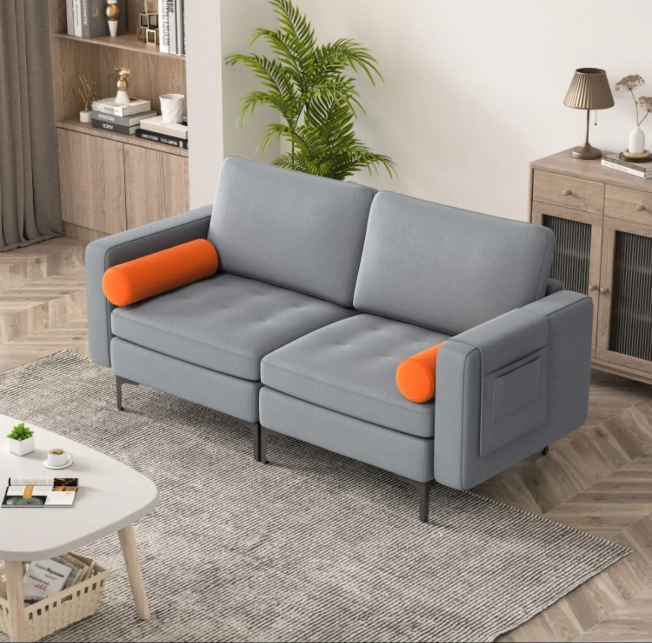 Heavy Duty Very Comfortable 2 Seater Modern Love-seat Sofa Couch With 2 Bolsters, Side Storage Pocket | Holds 1320lbs | Thick Cushions