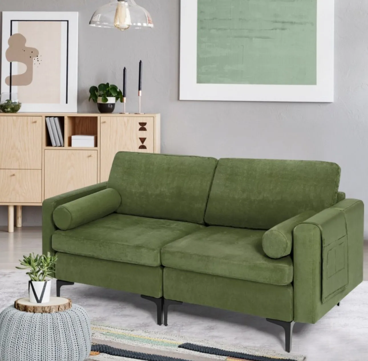 Heavy Duty Very Comfortable 2 Seater Modern Love-seat Sofa Couch With 2 Bolsters, Side Storage Pocket | Holds 1320lbs | Thick Cushions
