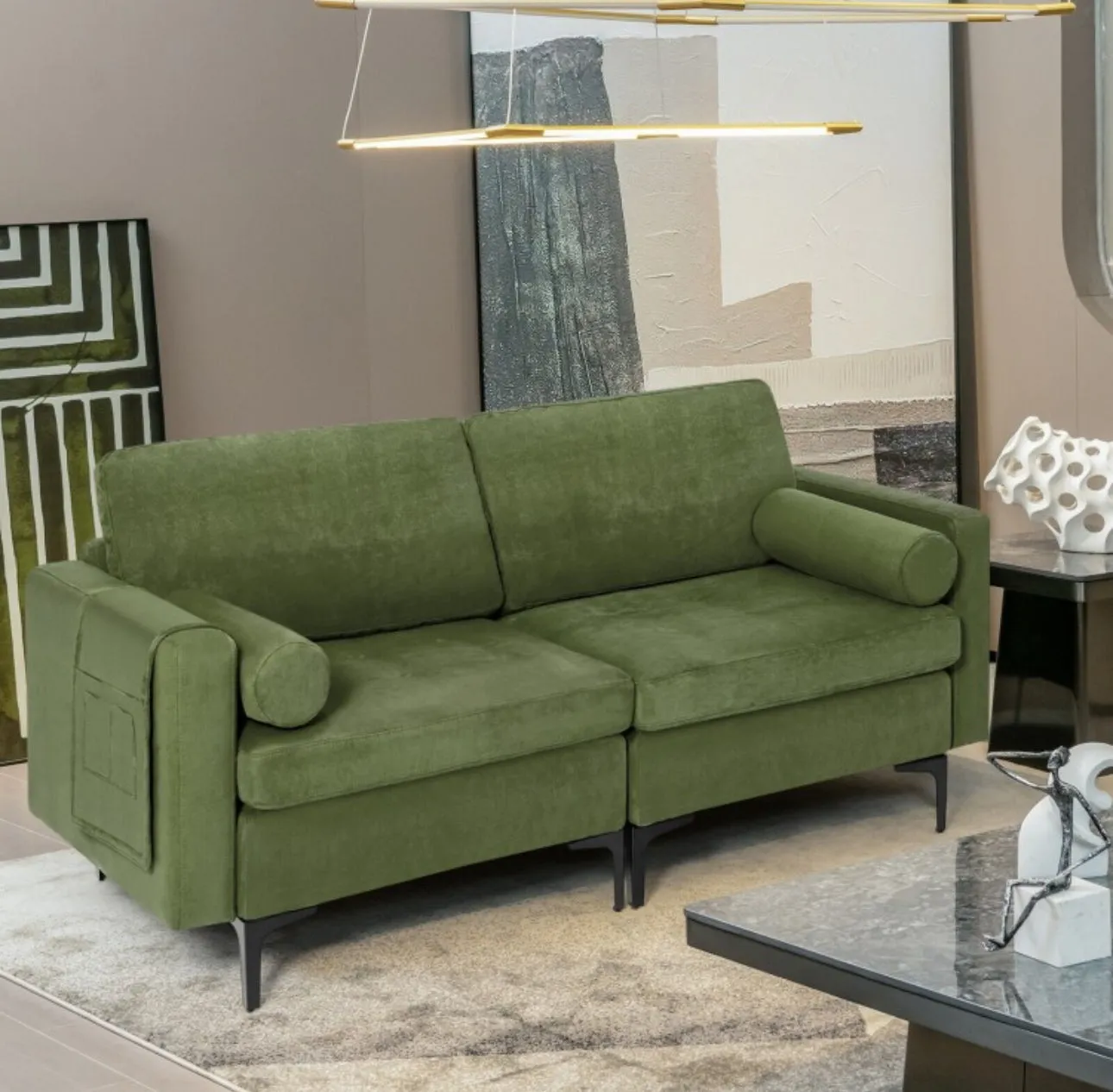 Heavy Duty Very Comfortable 2 Seater Modern Love-seat Sofa Couch With 2 Bolsters, Side Storage Pocket | Holds 1320lbs | Thick Cushions