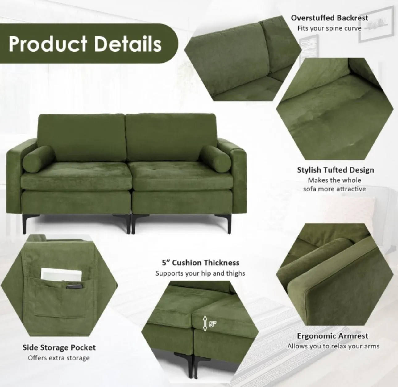 Heavy Duty Very Comfortable 2 Seater Modern Love-seat Sofa Couch With 2 Bolsters, Side Storage Pocket | Holds 1320lbs | Thick Cushions