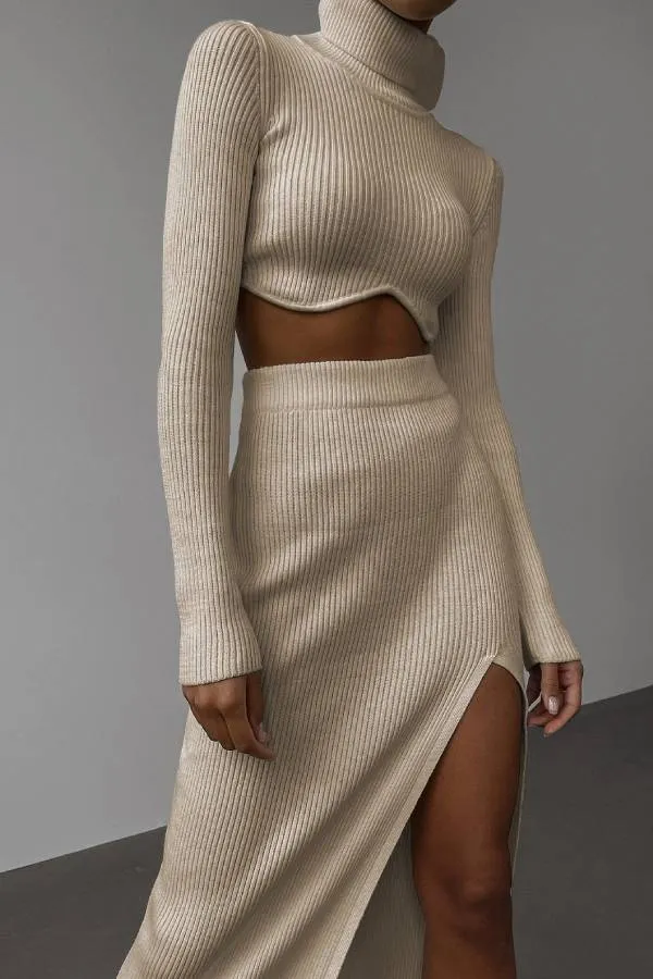 High -collar Irregular Short Top Skirt Two -piece Suit