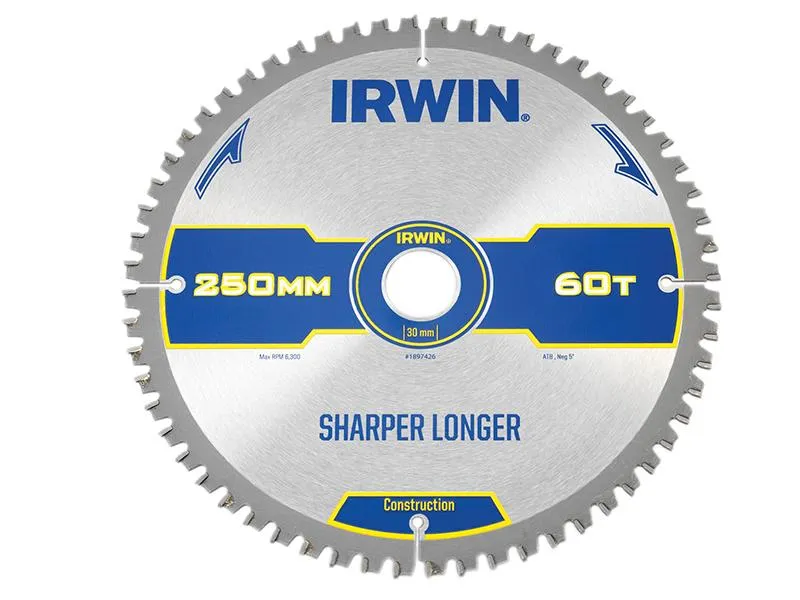 IRWIN Construction Mitre Circular Saw Blade 250 X 30Mm X 60T Atb/Neg