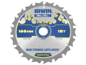 IRWIN Weldtec Cordless Circular Saw Blades 165 X 20Mm X 18T Atb