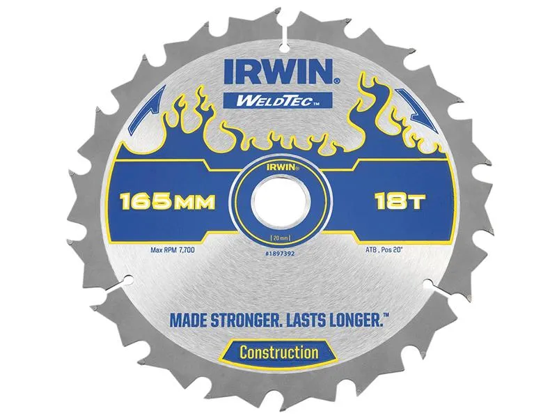 IRWIN Weldtec Cordless Circular Saw Blades 165 X 20Mm X 18T Atb