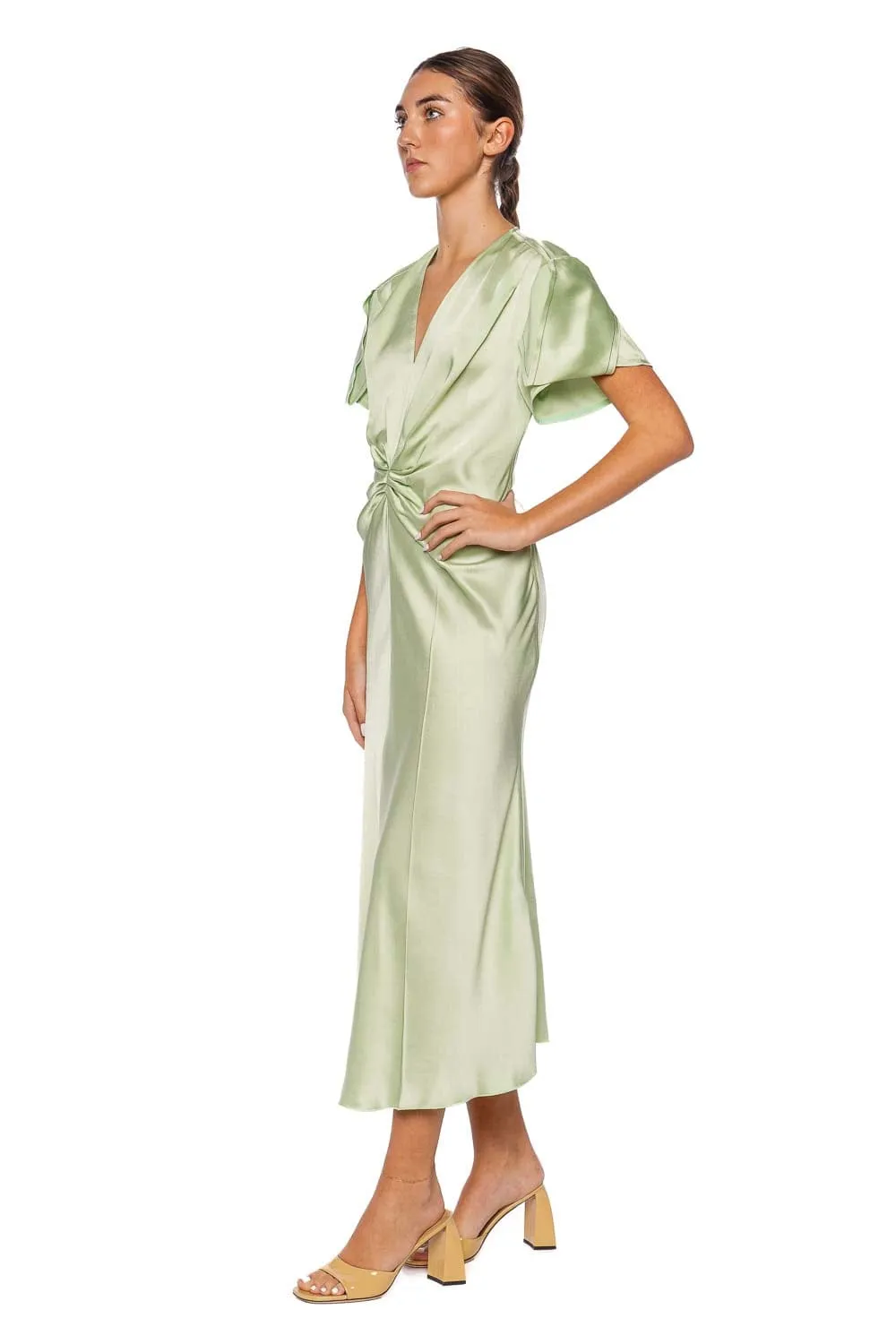 Jade Gathered V Neck Midi Dress