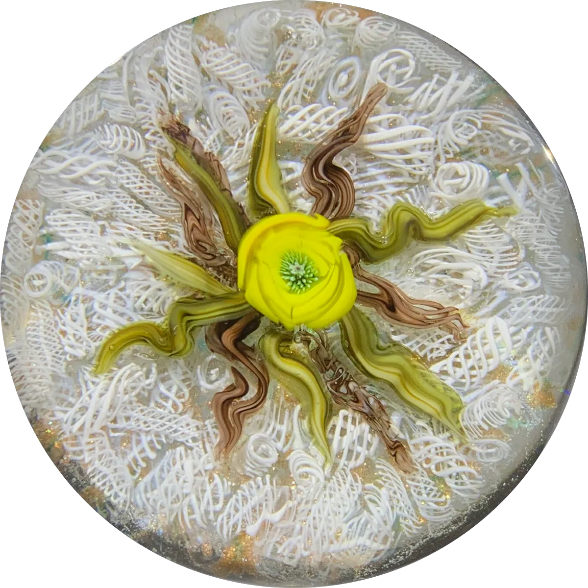 James Hart Flamework Nosegay with Yellow Rose Blossom on white Upset Filligree Ground