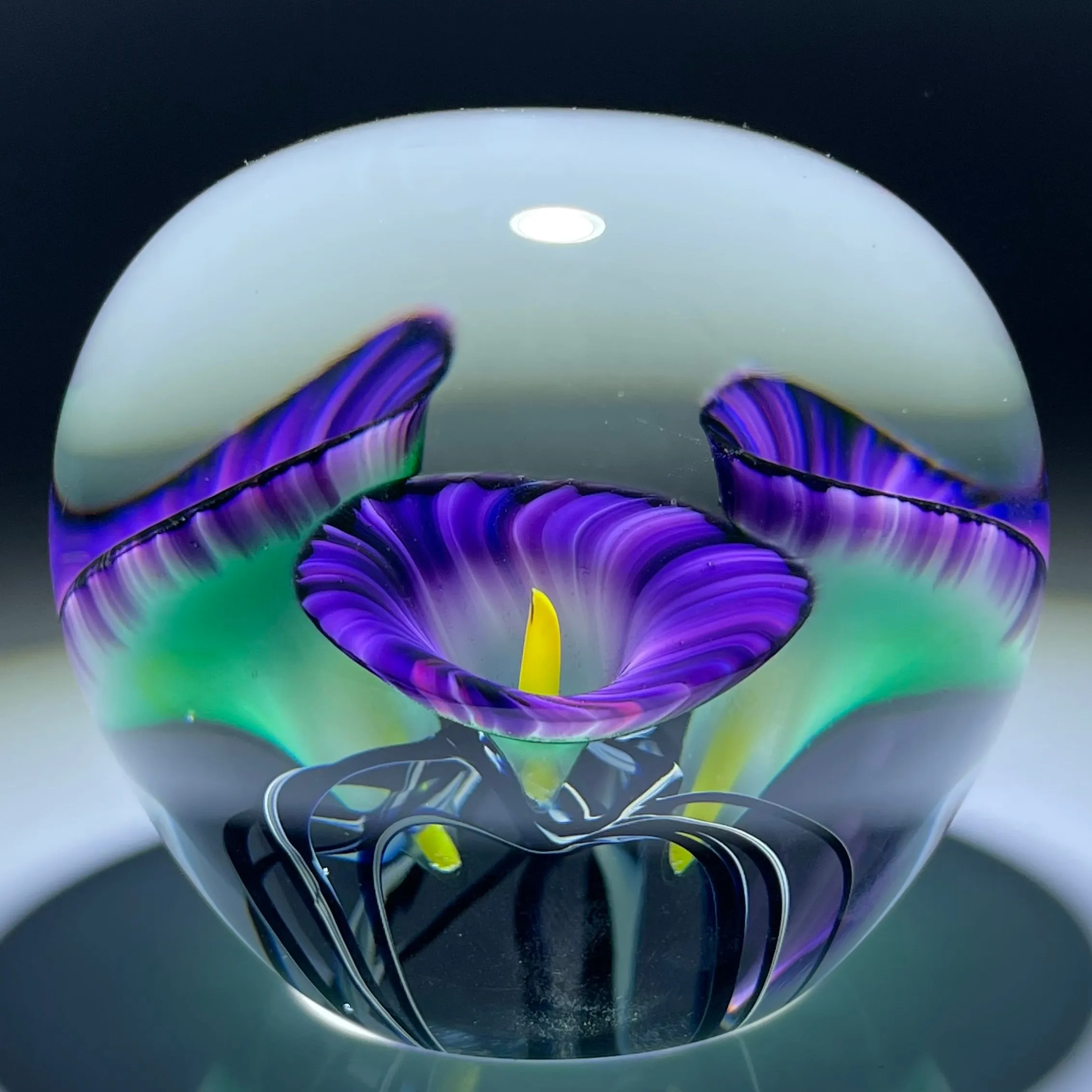 Jeremiah Lotton 2004 Torchwork Purple Calla Lily Trumpet Flowers Glass Paperweight