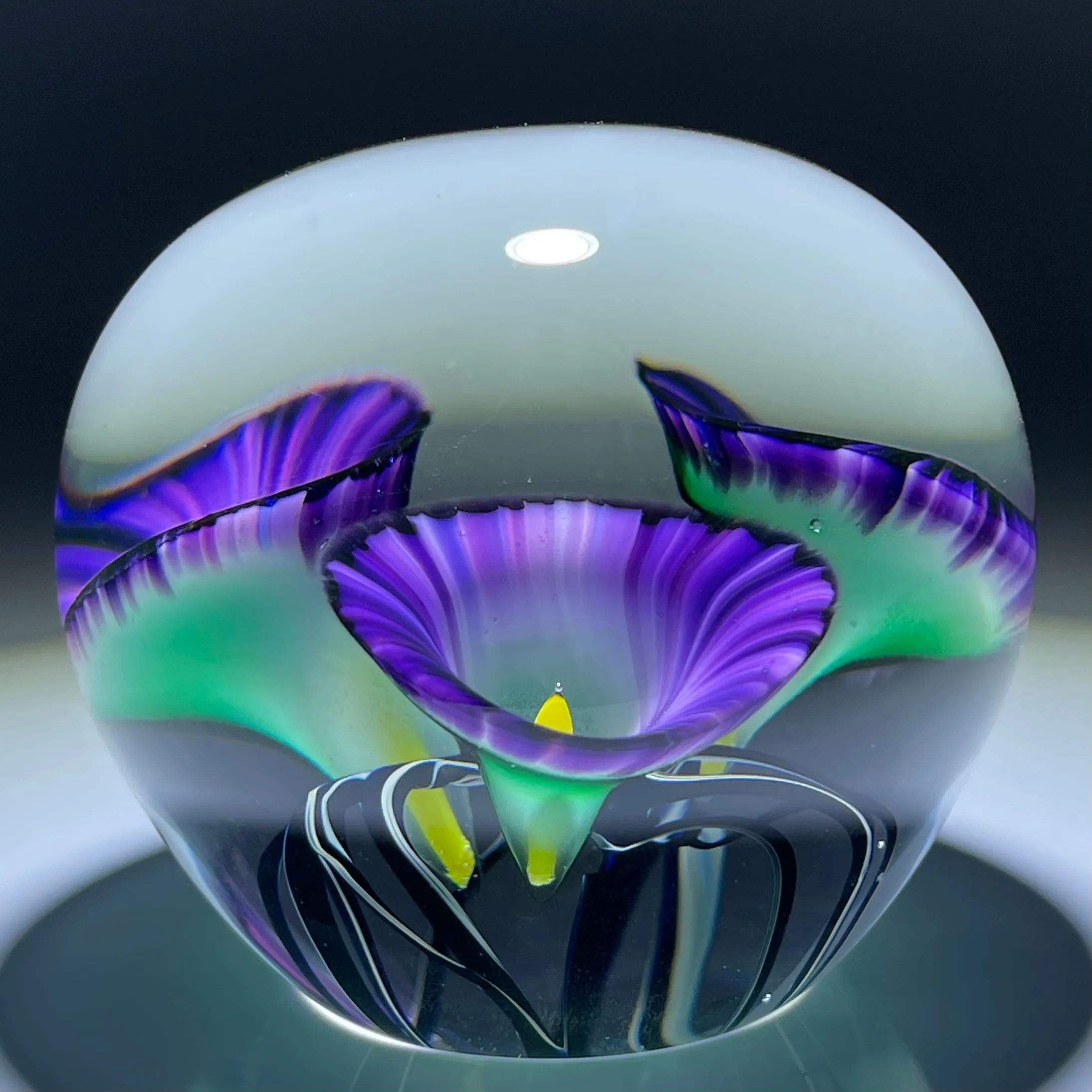 Jeremiah Lotton 2004 Torchwork Purple Calla Lily Trumpet Flowers Glass Paperweight