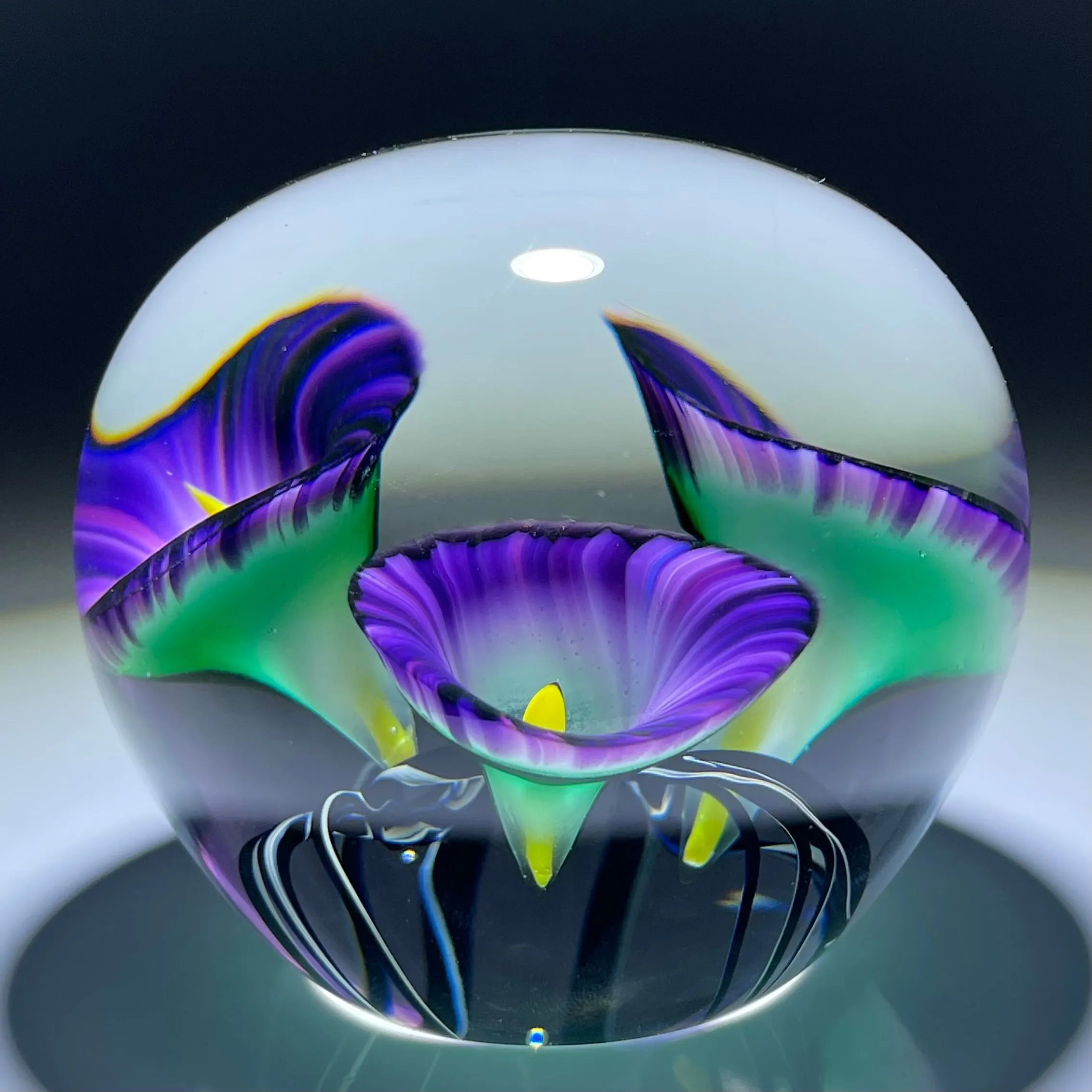 Jeremiah Lotton 2004 Torchwork Purple Calla Lily Trumpet Flowers Glass Paperweight