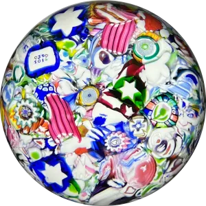 John Deacons 2014 Glass Art Paperweight Millefiori Scramble With Rose Canes and Silhouette Canes