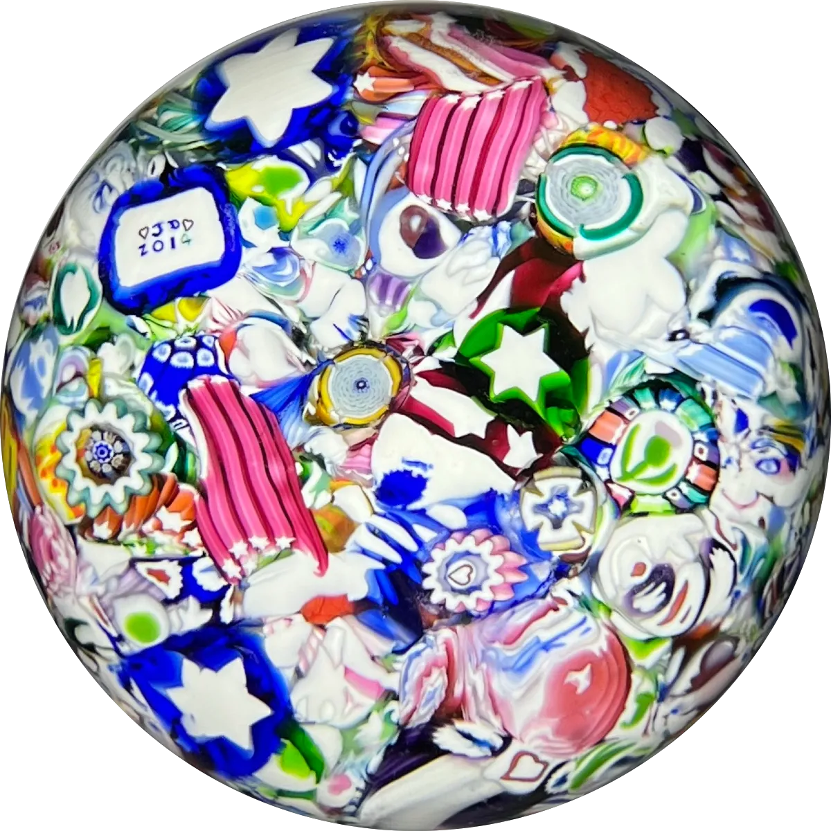 John Deacons 2014 Glass Art Paperweight Millefiori Scramble With Rose Canes and Silhouette Canes