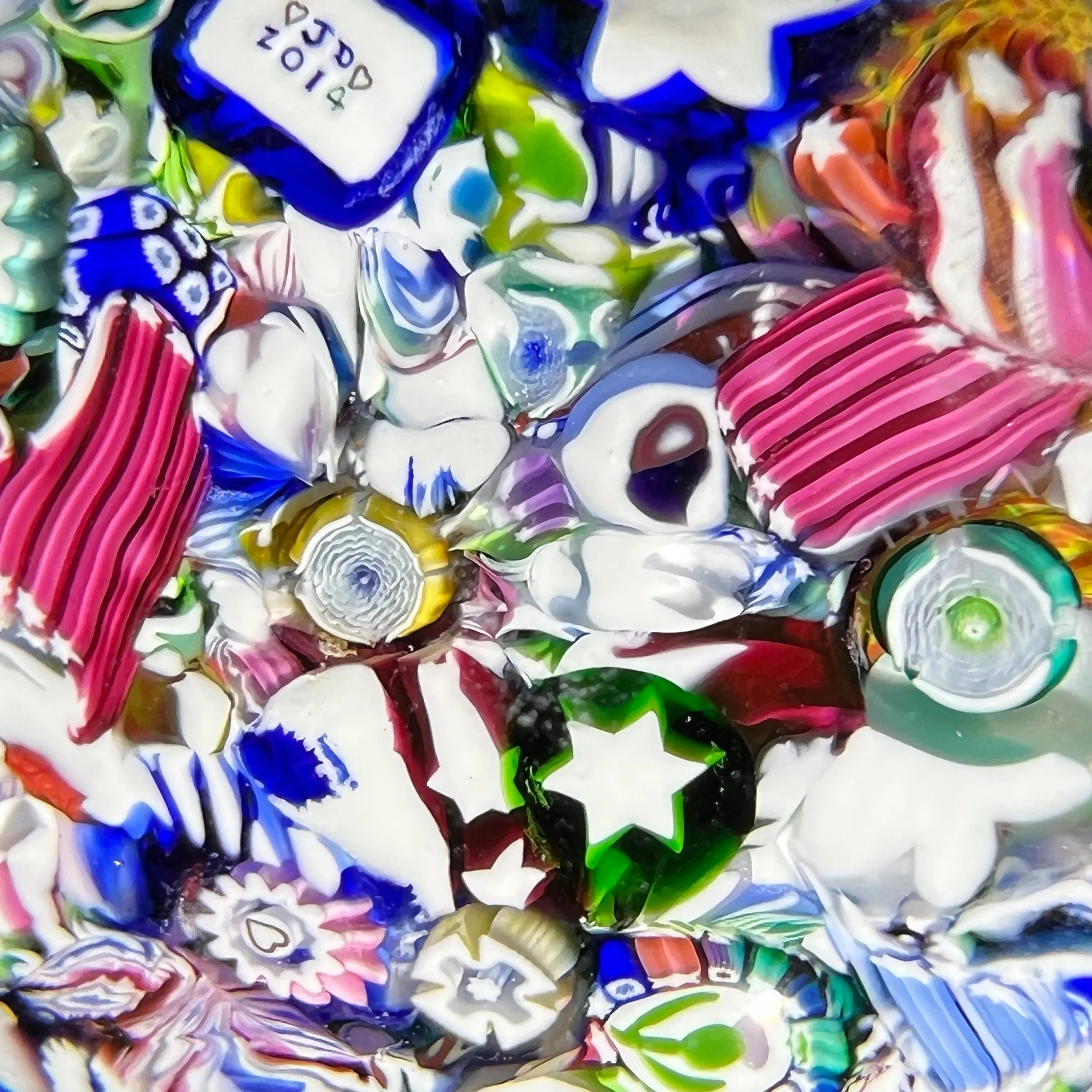 John Deacons 2014 Glass Art Paperweight Millefiori Scramble With Rose Canes and Silhouette Canes