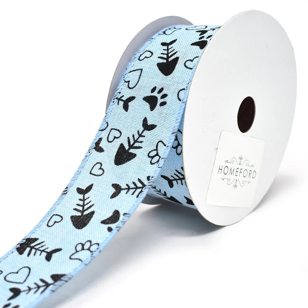 Kitty Cat Paws and Fish Bones Wired Linen Ribbon, 1-1/2-Inch, 10-Yard