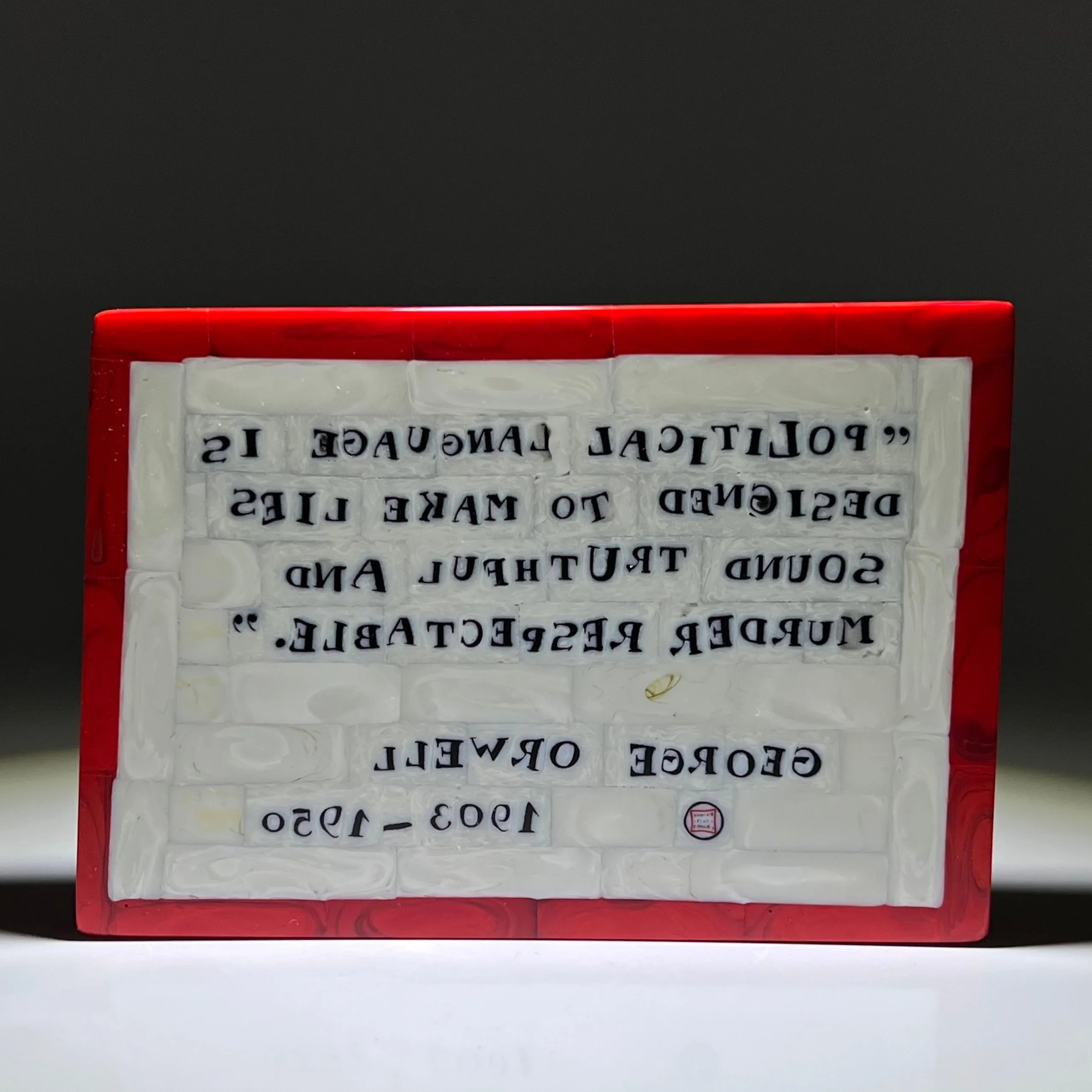 Large Mathieu Grodet 2021 Glass Art Murrine Paperweight Plaque George Orwell Quotation