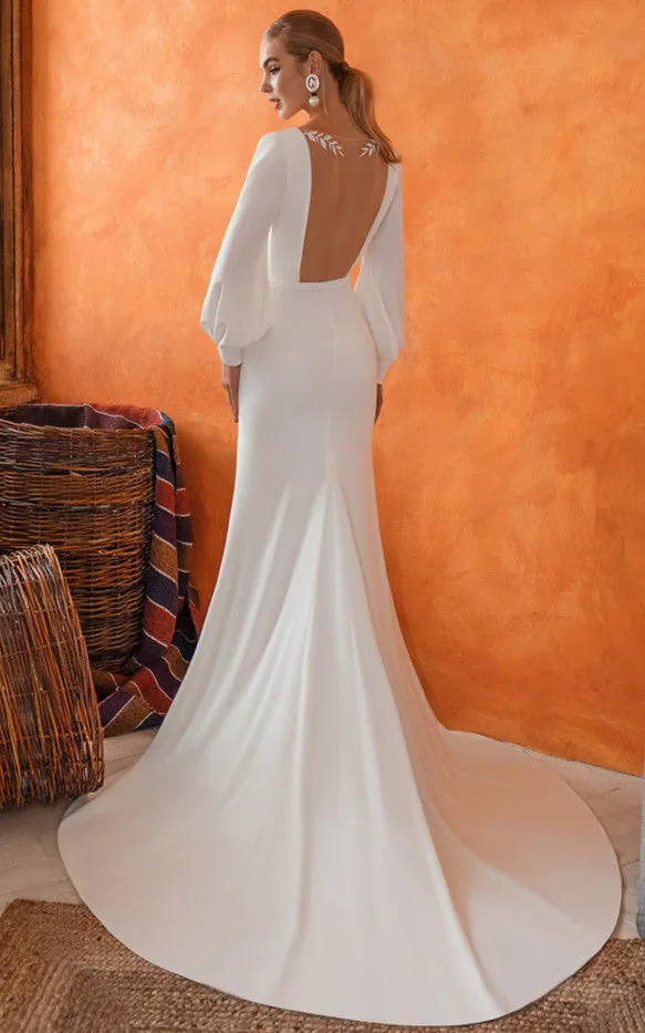 Long Sleeved Simple Mermaid V-neck Chiffon Satin Wedding Dress-716371