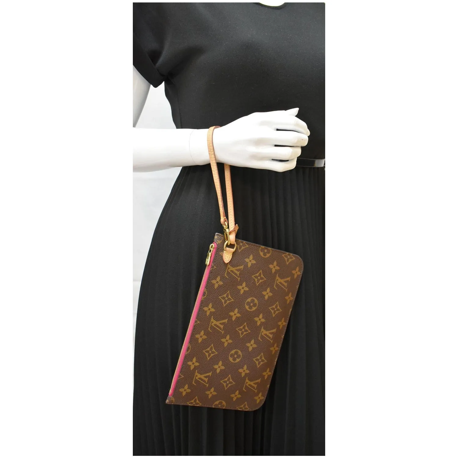 LOUIS VUITTON Neverfull MM Monogram Canvas Pochette Wristlet Pouch Brown
