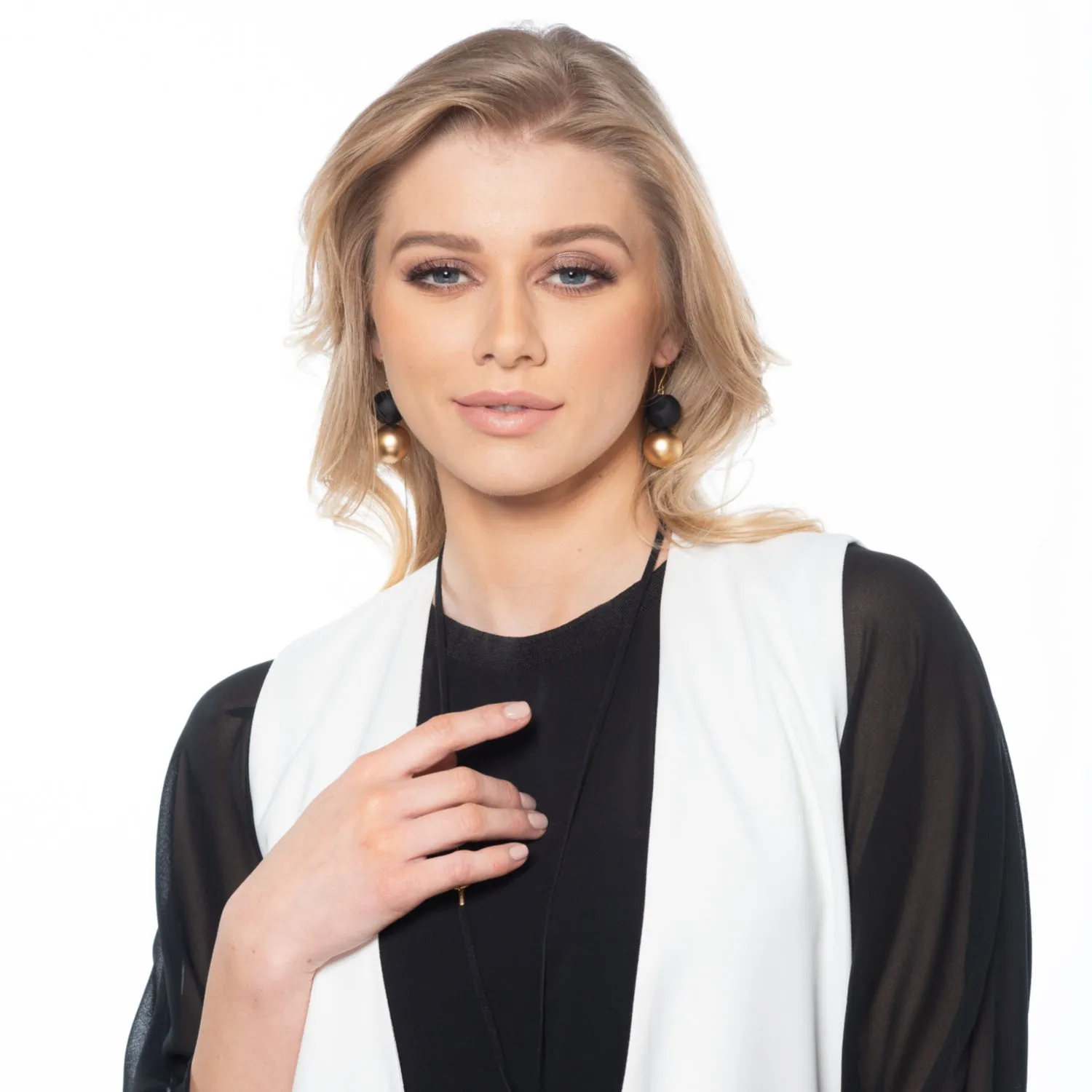 Madison - Matte black & 24K gold double bead earrings