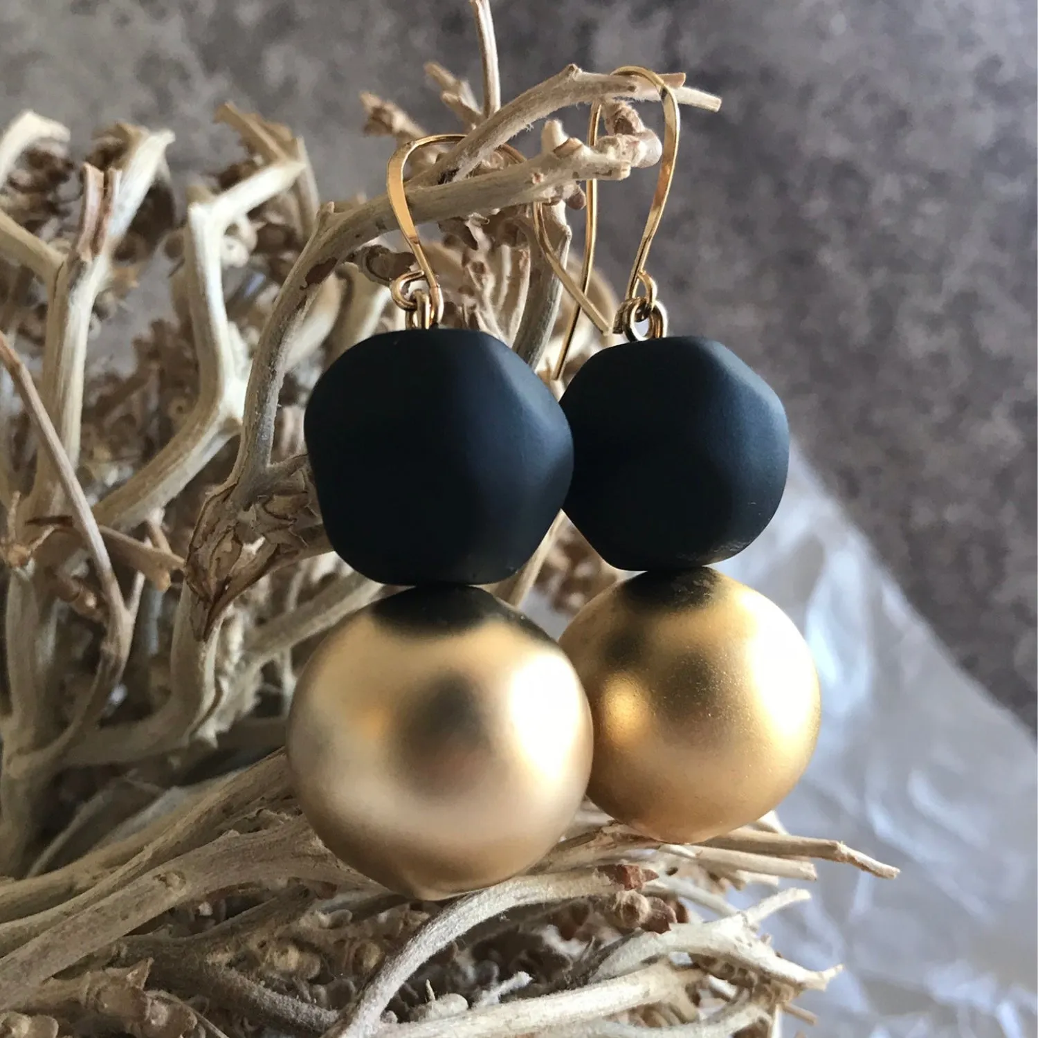 Madison - Matte black & 24K gold double bead earrings