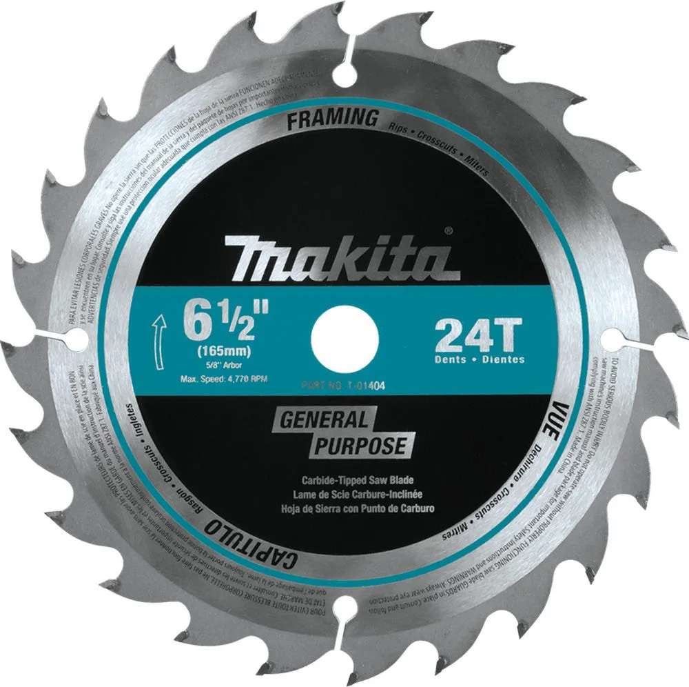 Makita T-01404 6-1/2" 24T Carbide-Tipped Circular Saw Blade, Framing