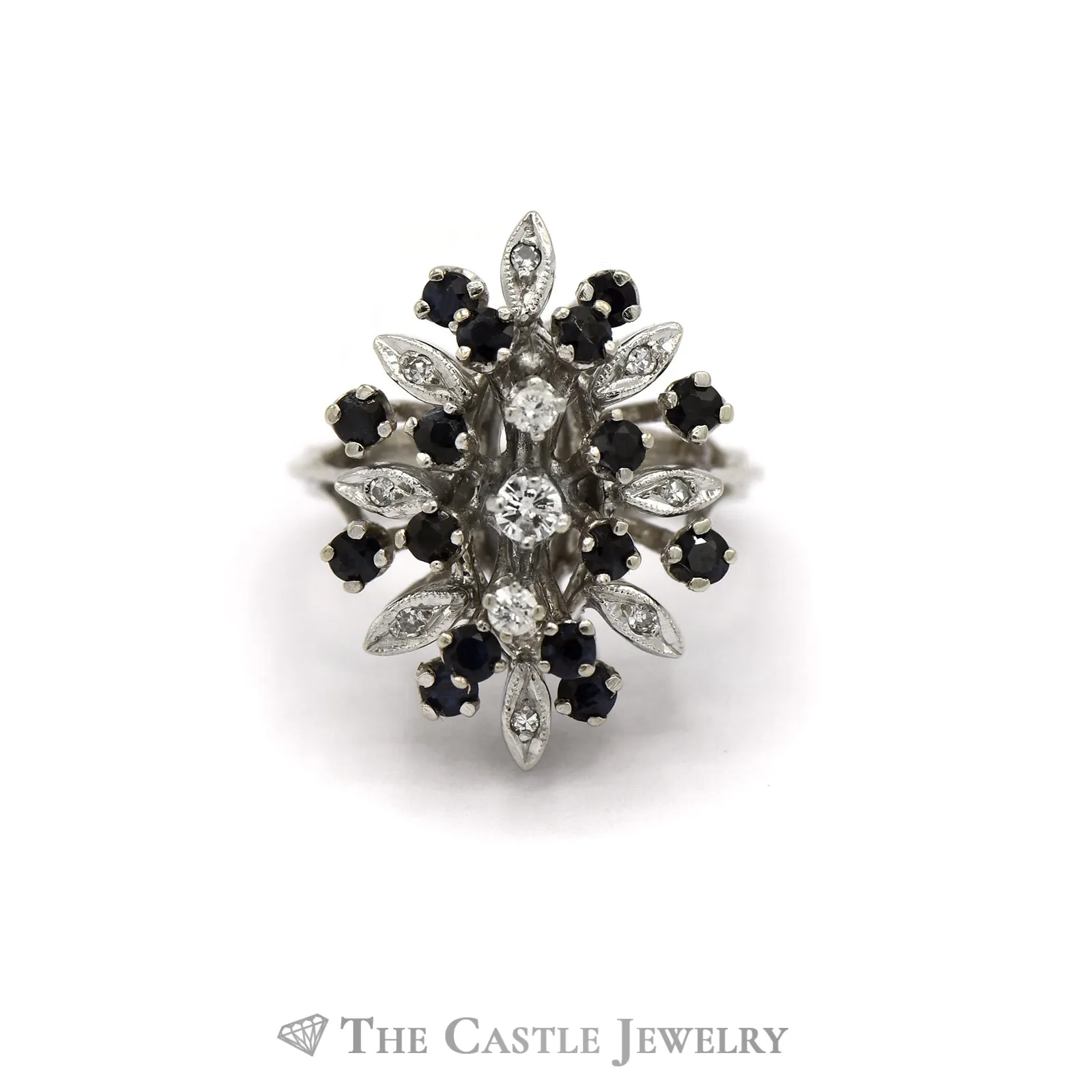 Marquise Shaped Sapphire & Diamond Cluster Ring in 14k White Gold