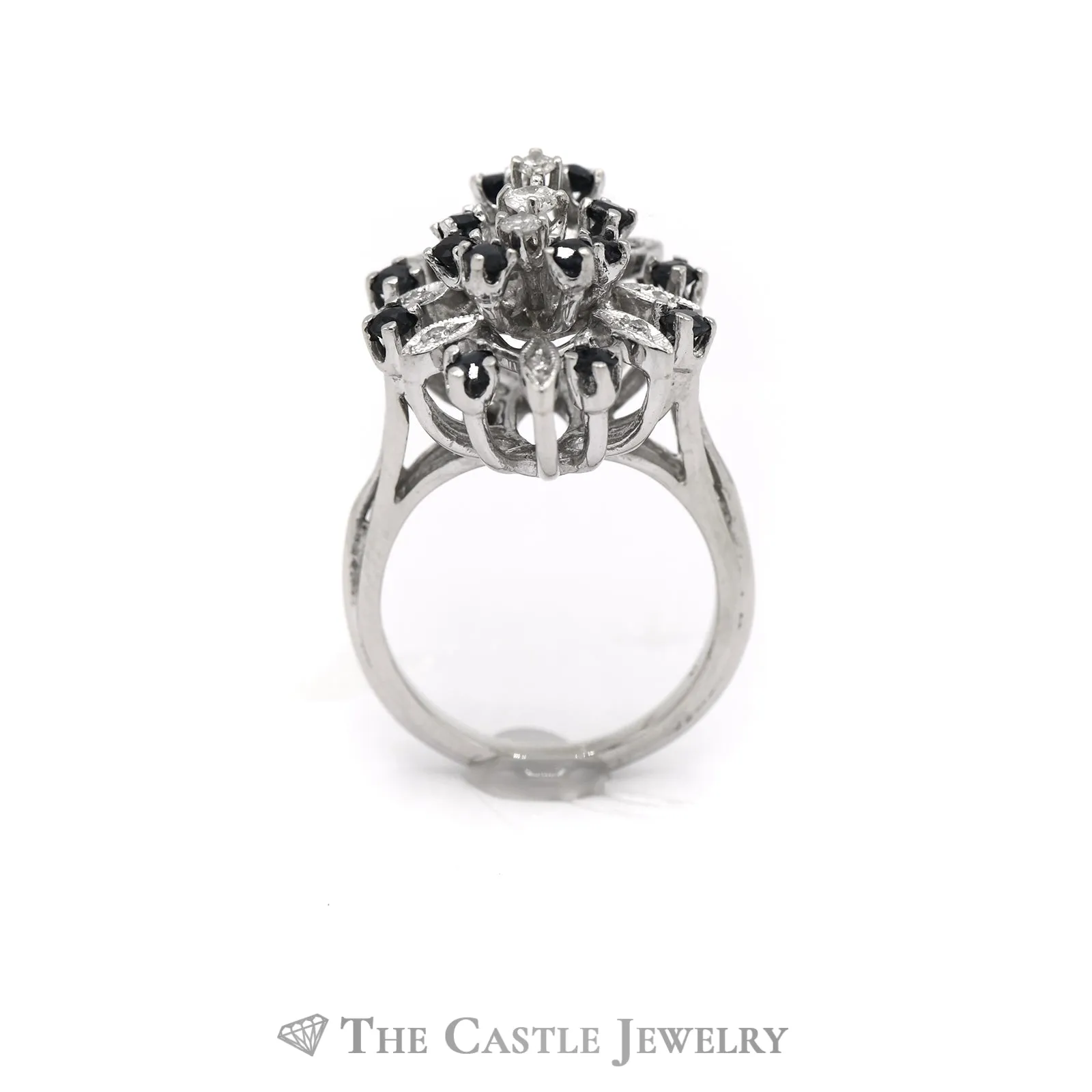 Marquise Shaped Sapphire & Diamond Cluster Ring in 14k White Gold