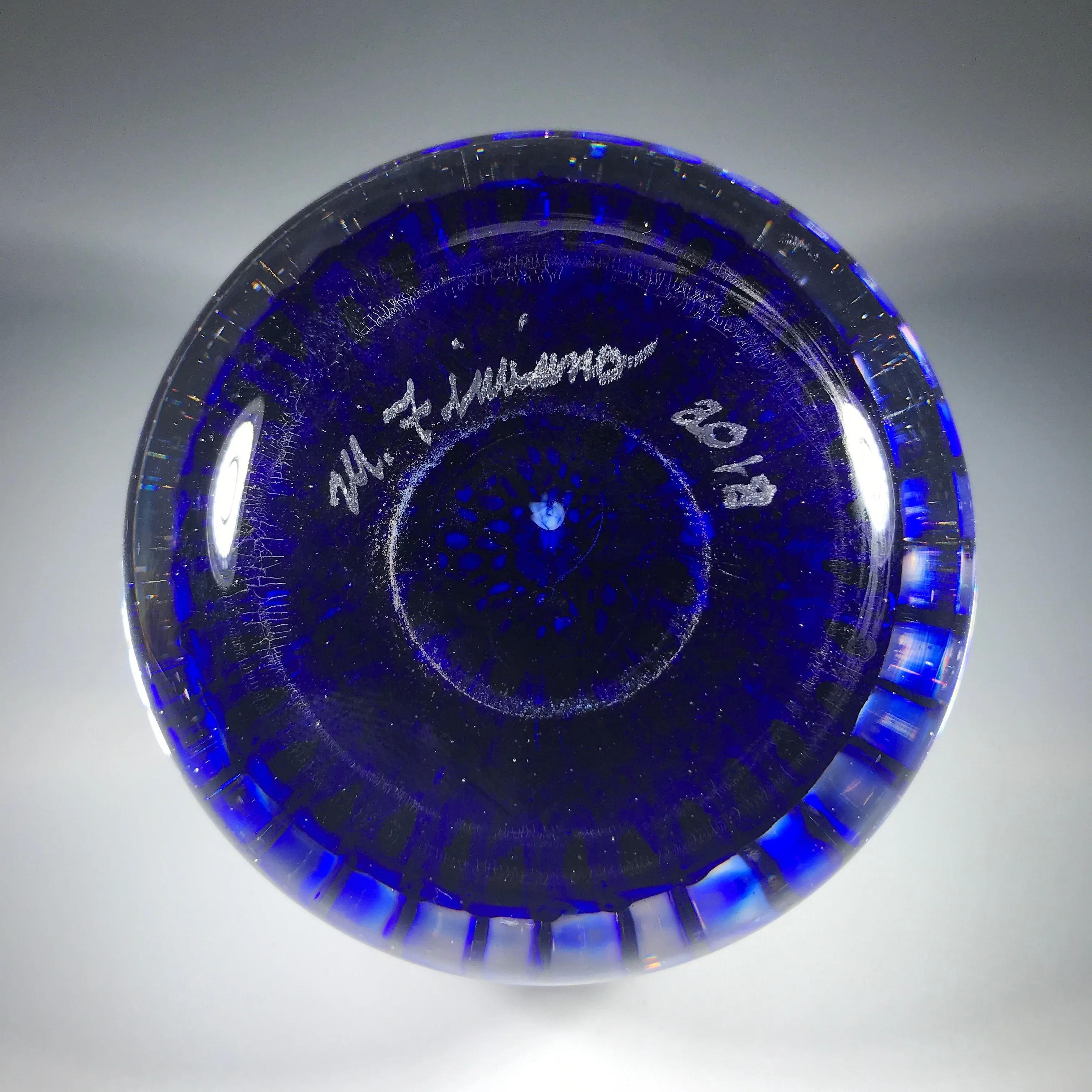 Matt Fimiano 2018 Art Glass Paperweight Concentric Complex Millefiori on Transparent Blue Ground
