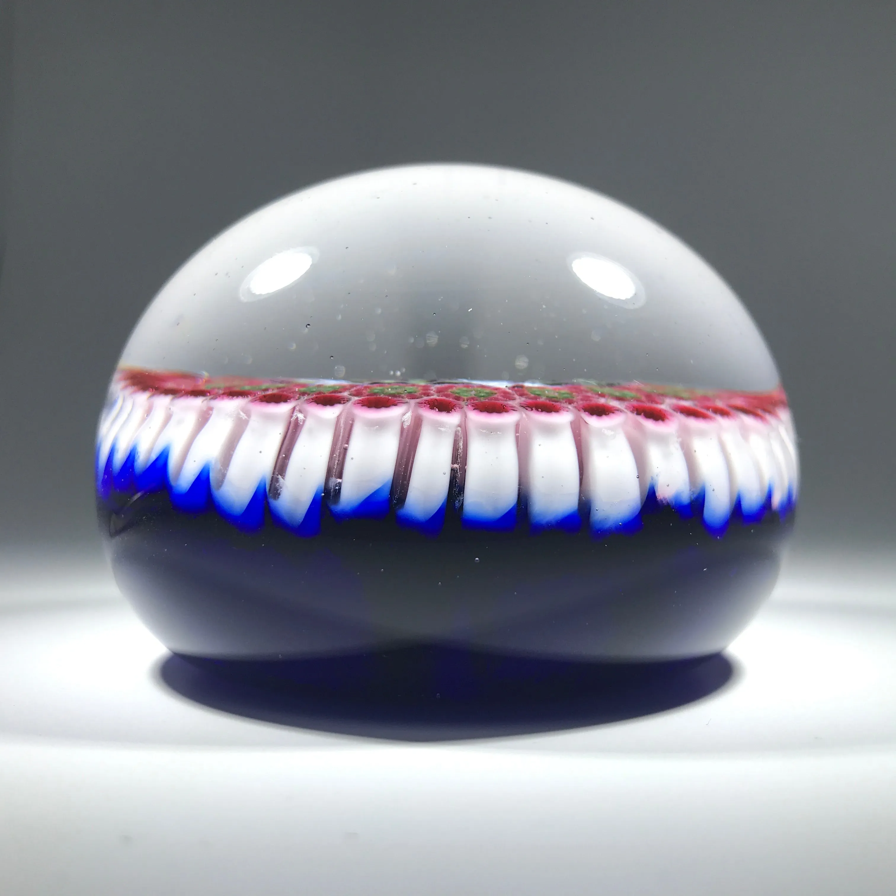 Matt Fimiano 2018 Art Glass Paperweight Concentric Complex Millefiori on Transparent Blue Ground